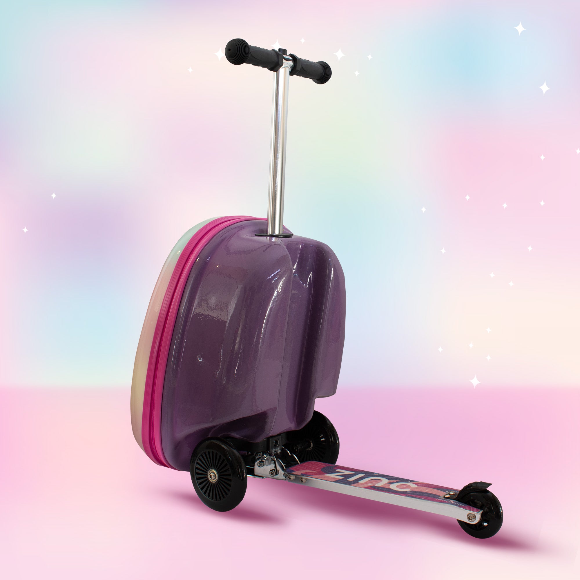 Luna Unicorn scooter suitcase rear view in riding mode showing extended deck and steering column for active use