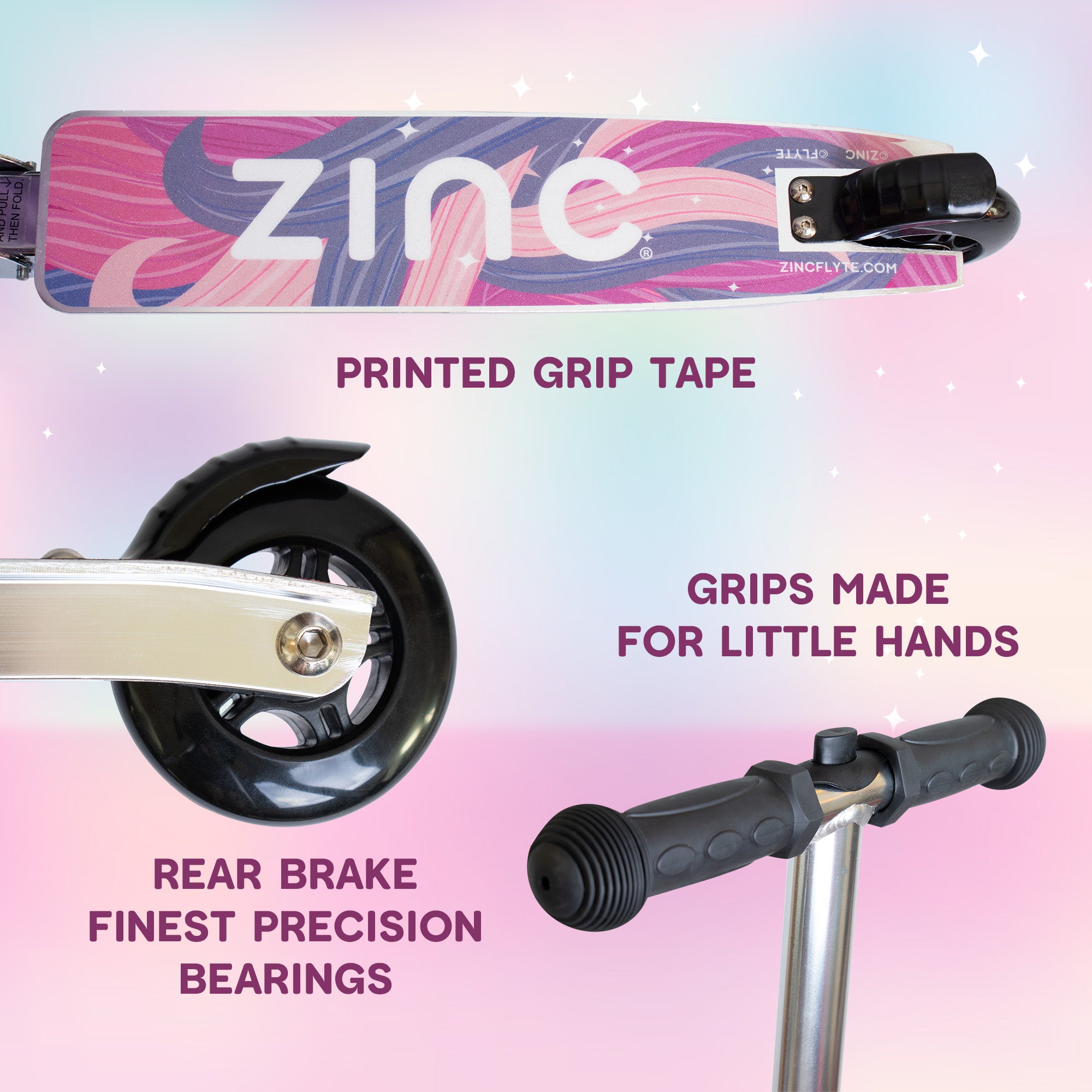 Flyte Luna Unicorn scooter suitcase key features infographic highlighting printed grip tape