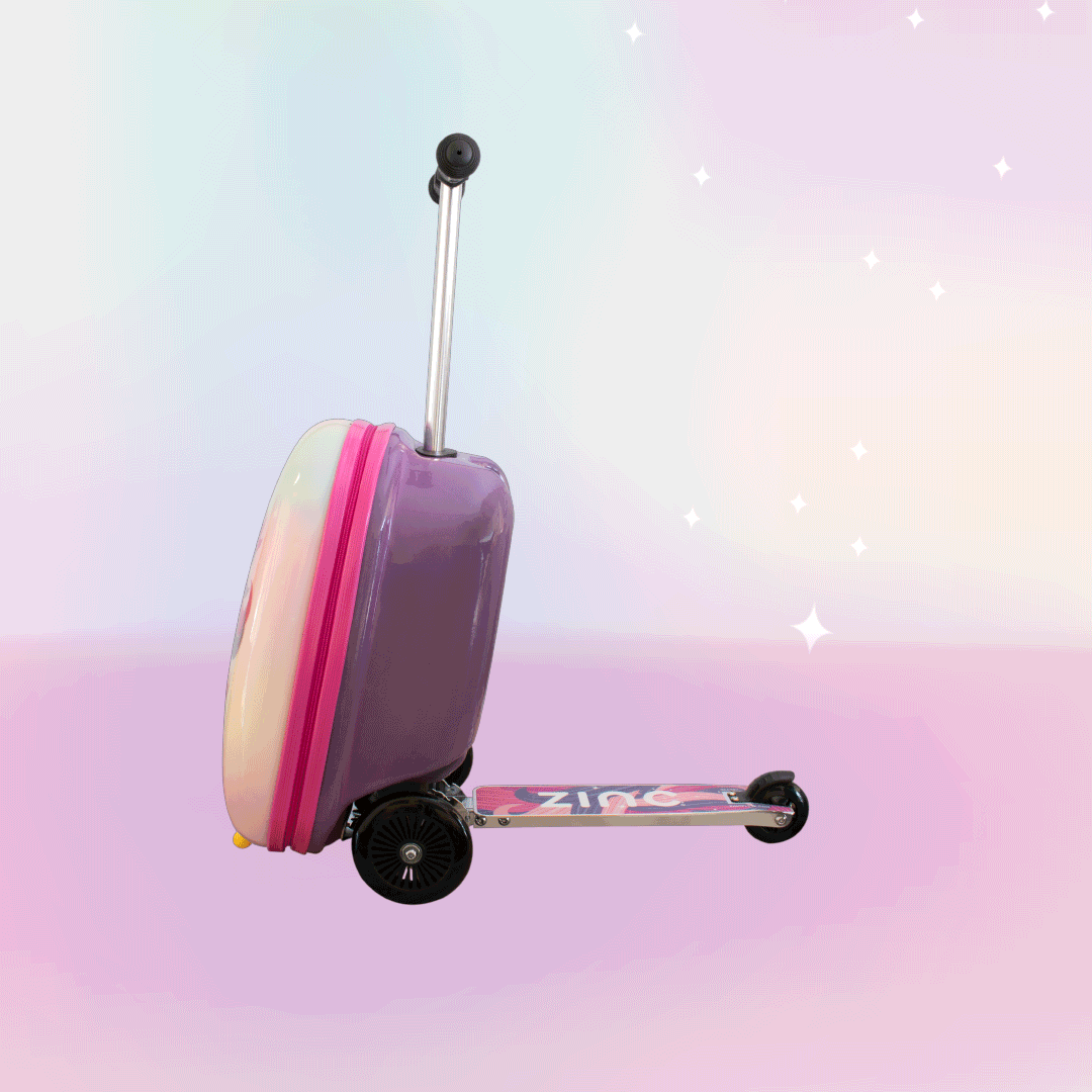 Animated GIF demonstration of Flyte Luna Unicorn scooter suitcase transformation from luggage to scooter