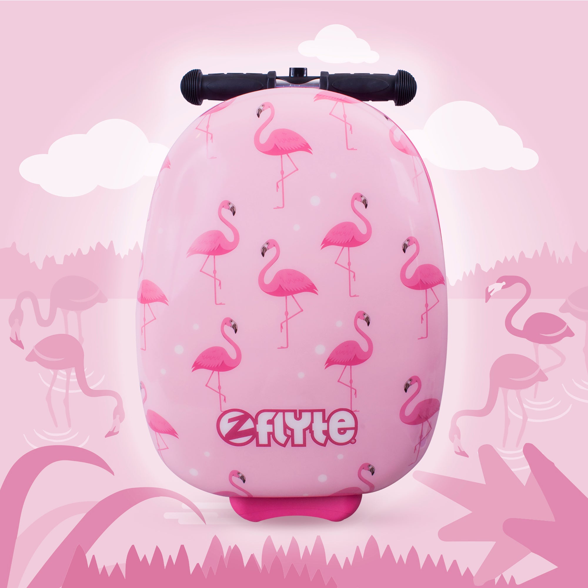 Front view of the Flyte Flamingo Scooter Suitcase design