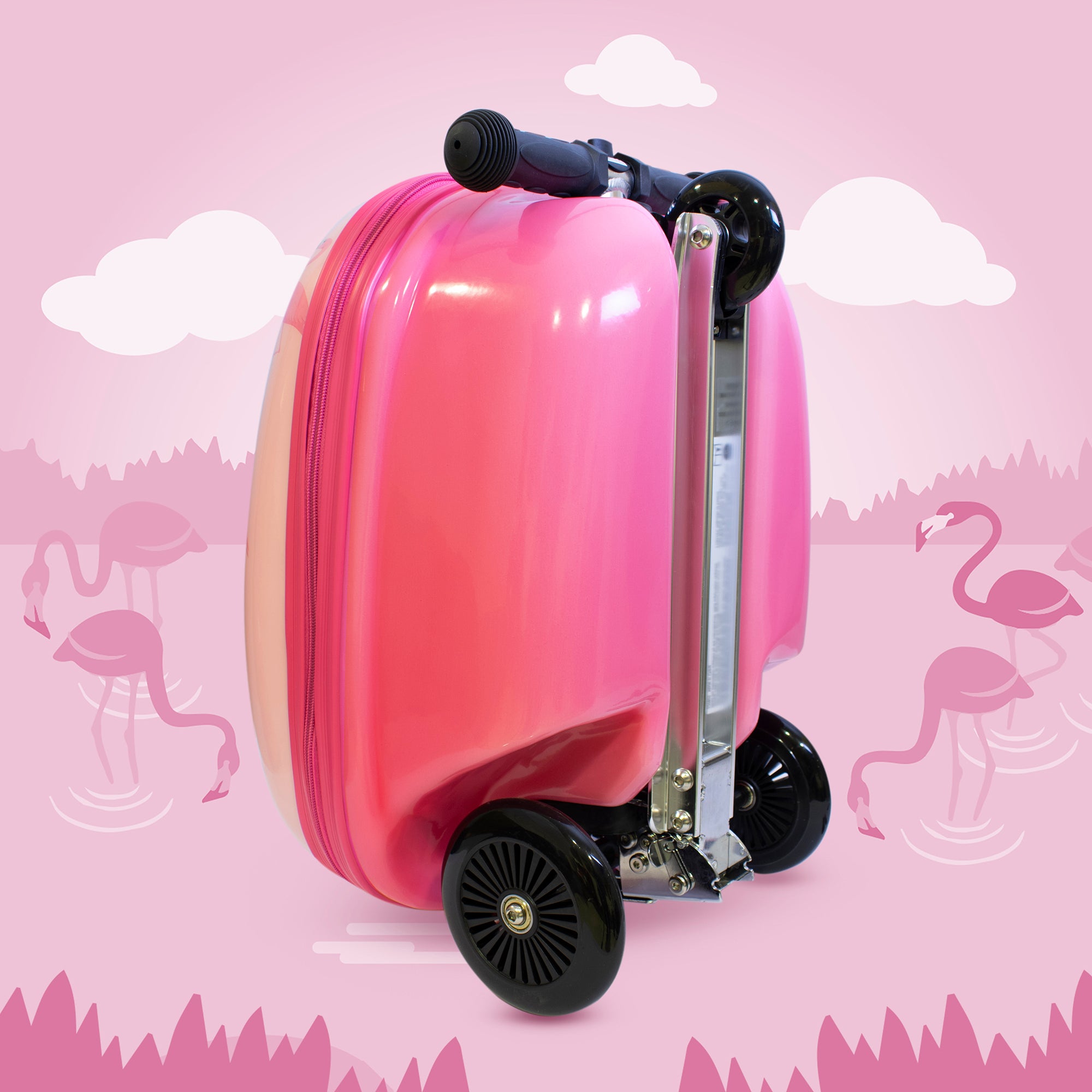 Close up of the Flyte scooter suitcase folded away in Pink