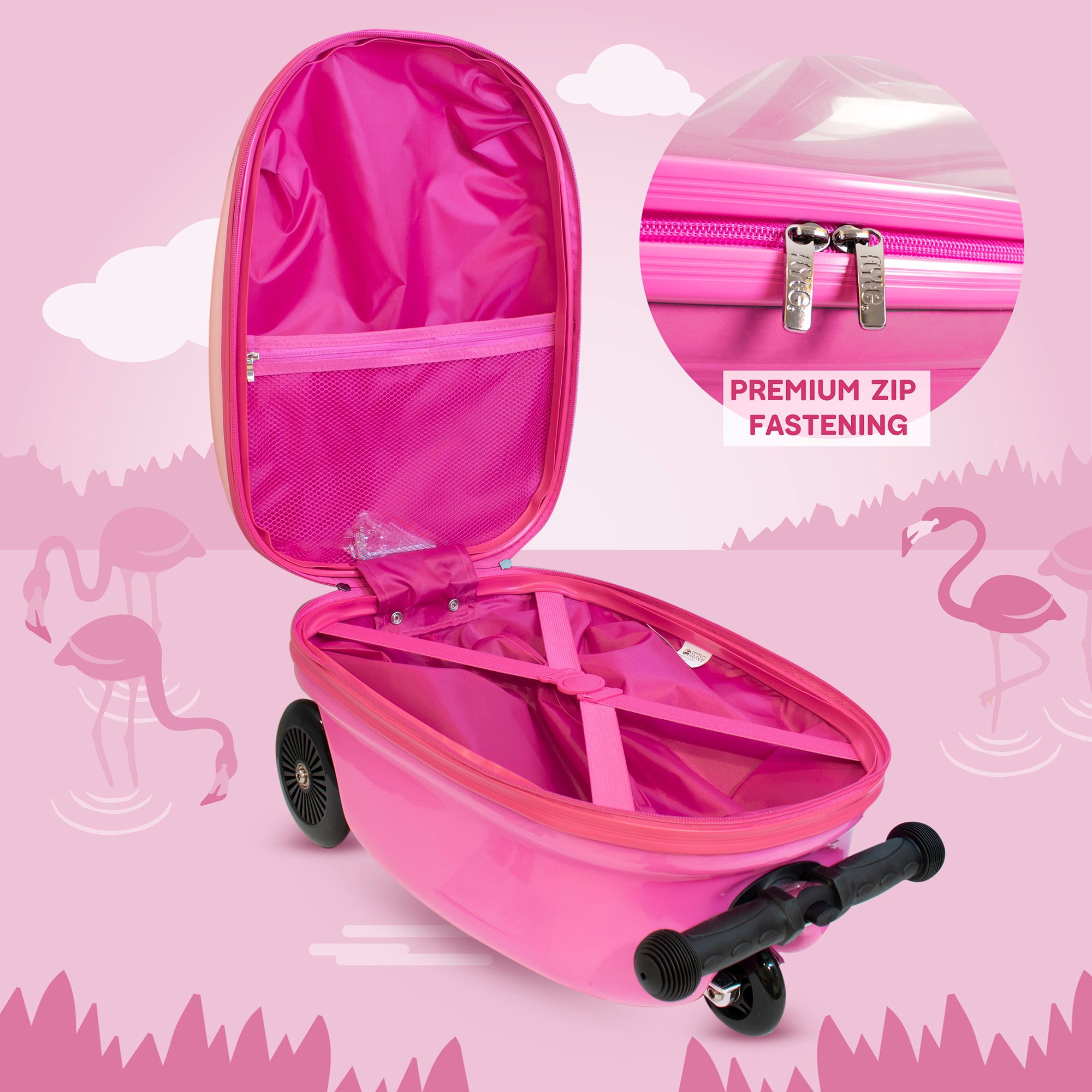 Pink Flyte Scooter Suitcase open with close up of premium zip fastening