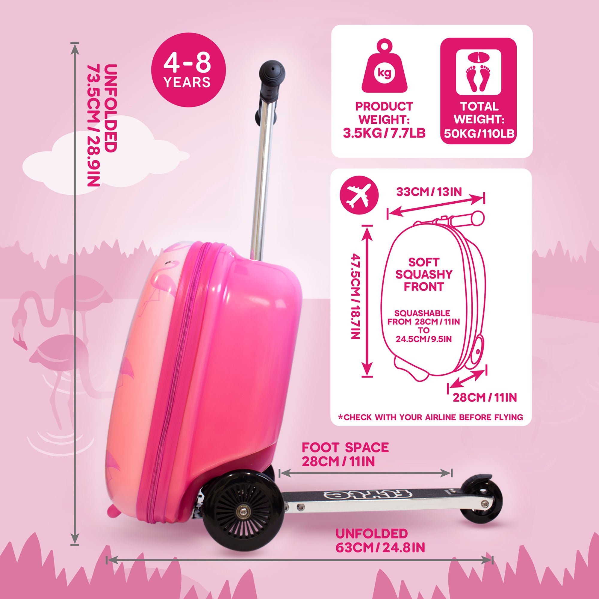 Flamingo scooter suitcase with key features highlighted for 4 to 8 year olds