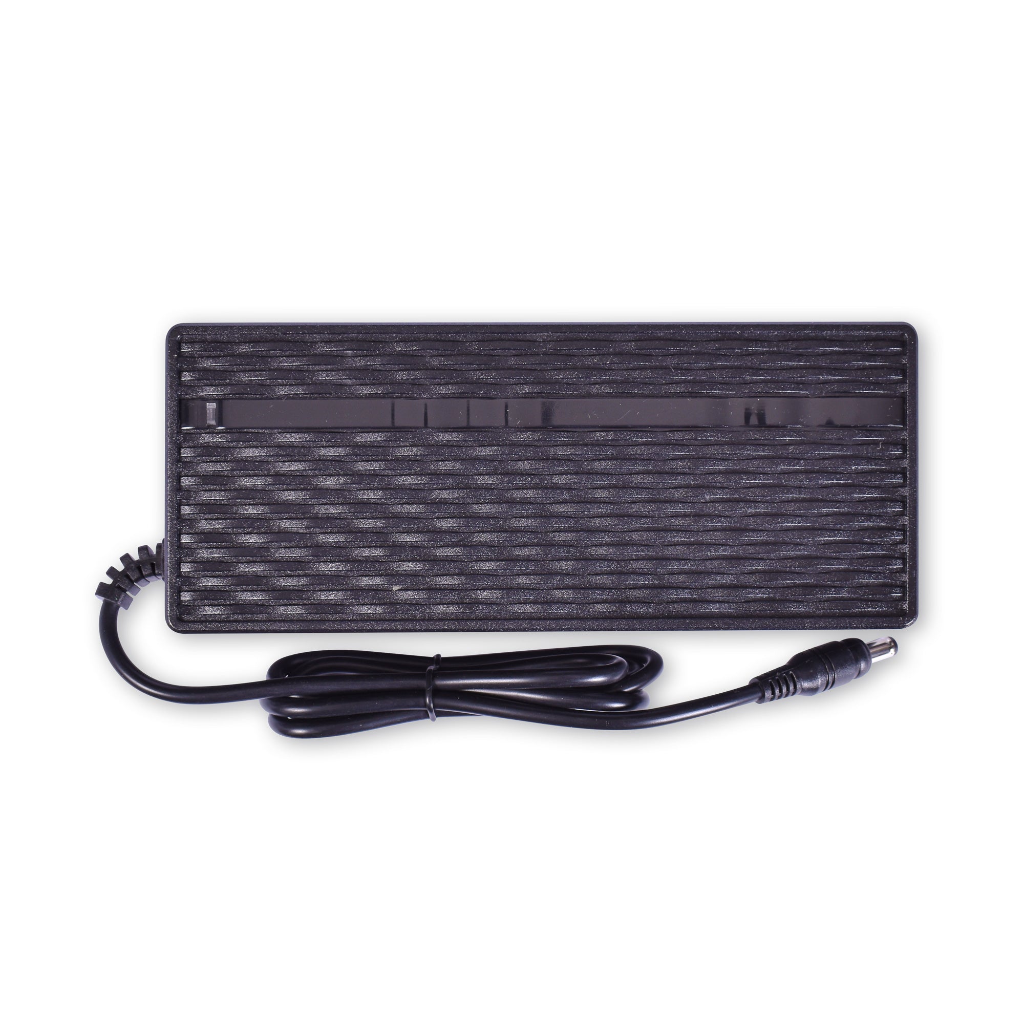 A black zinc folding electric eco bike charger with a connected power cord.