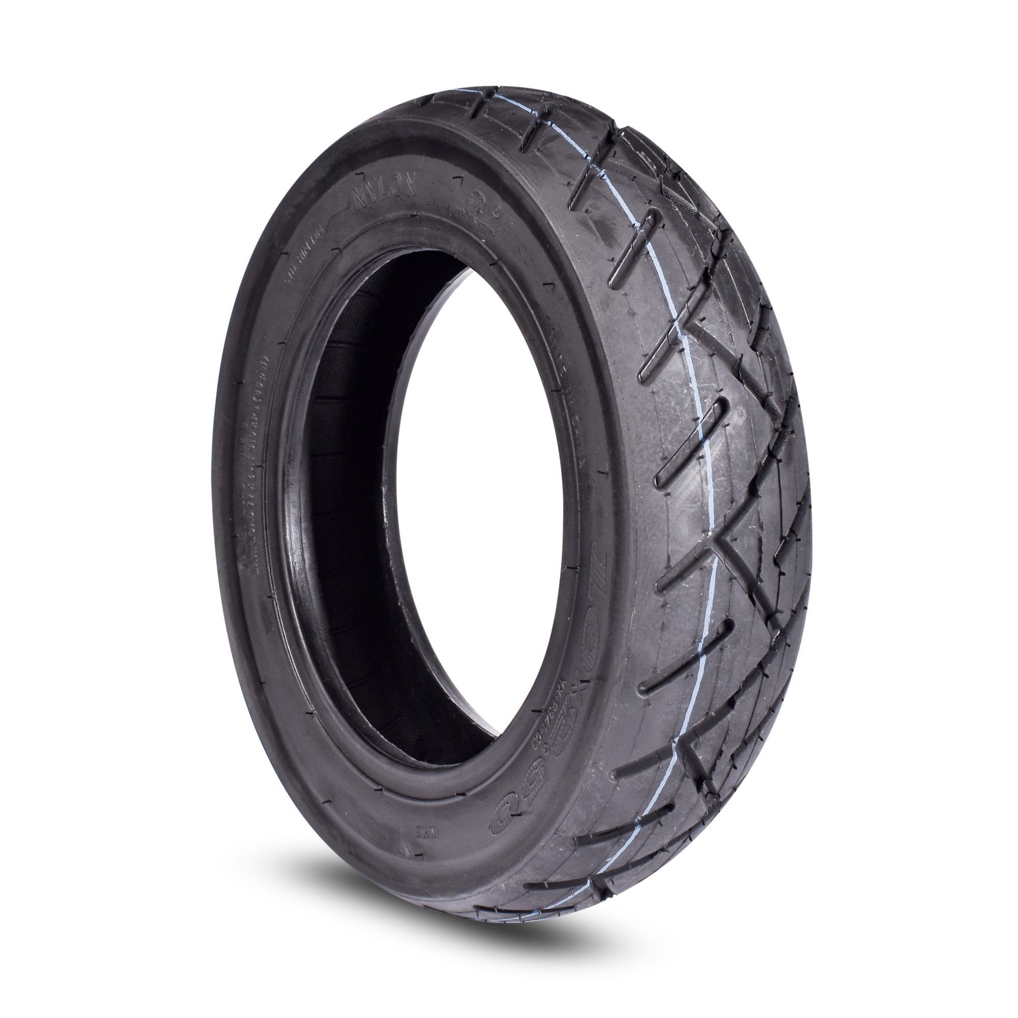 A black electric scooter front tyre with tread pattern, isolated on a white background.