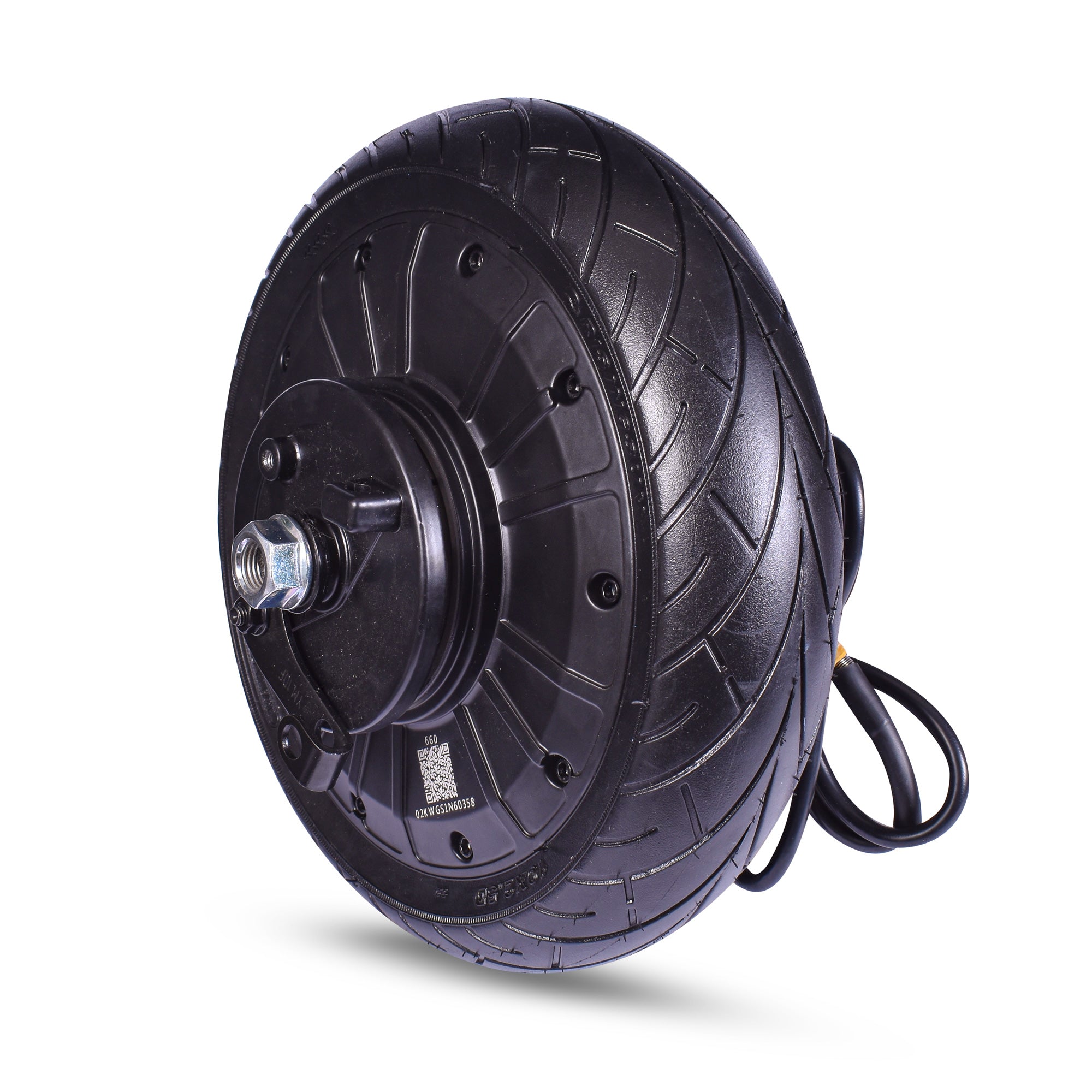 Replacement rear motor drive wheel for the Velocity Plus Electric Scooter, showcasing the black tire and black hub with electrical components visible.