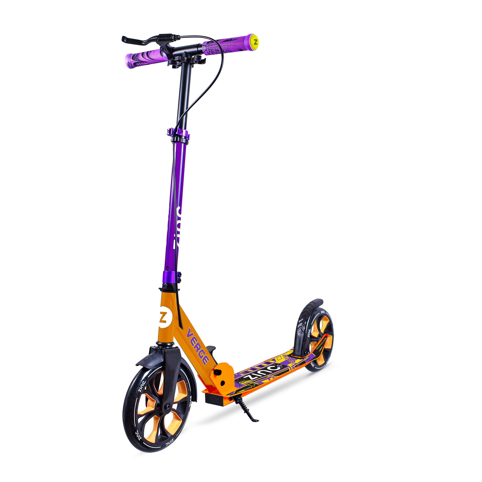 A black, blue, and purple Zinc Big Wheeled Folding Verge Pro Scooter with two large wheels, ABEC 7 chrome bearings, footbrake, handbrake, mudguards, kickstand, and fold down handles.