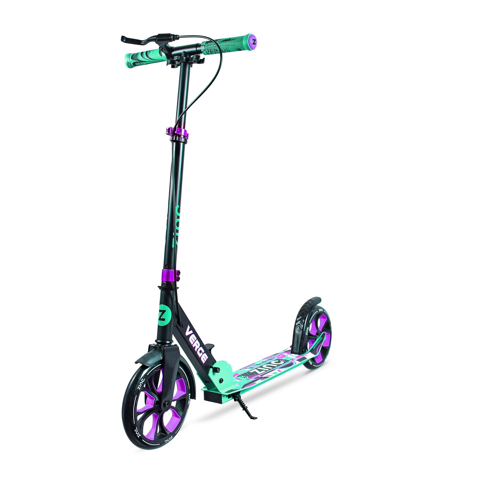 A black, green, and purple Zinc Big Wheeled Folding Verge Pro Scooter with two large wheels, ABEC 7 chrome bearings, footbrake, handbrake, mudguards, kickstand, and fold down handles.