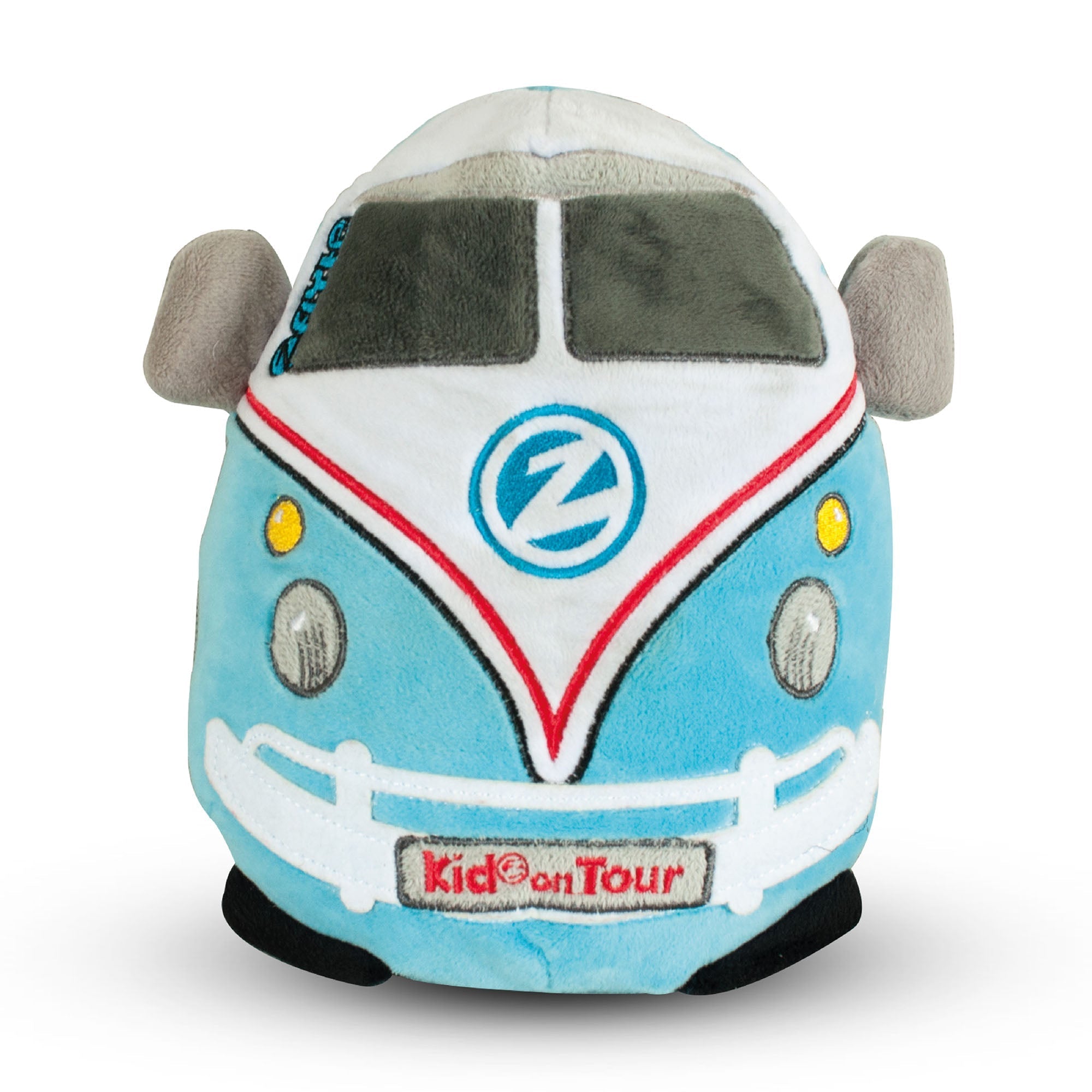 A plush toy in the shape of a campervan with a cosy blanket inside, primarily in blue and white colours, with a 'KidzOnTour' logo on the front.