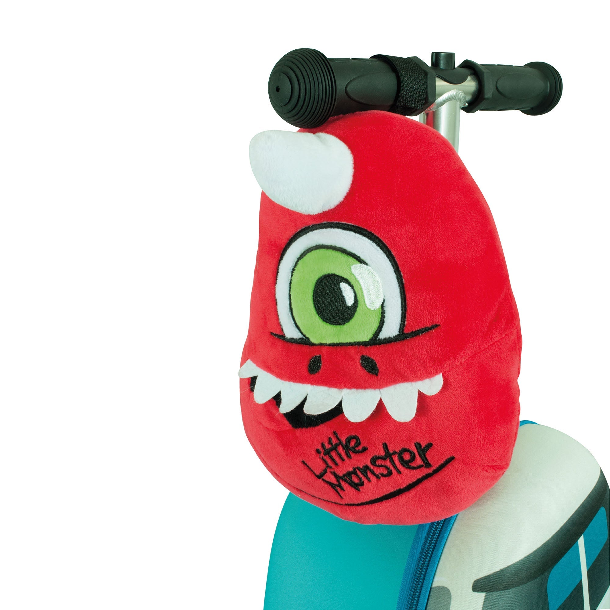 Zinc Flyte Plush Sid Cyclops with included cosy blanket conveniently hanging from suitcase handle