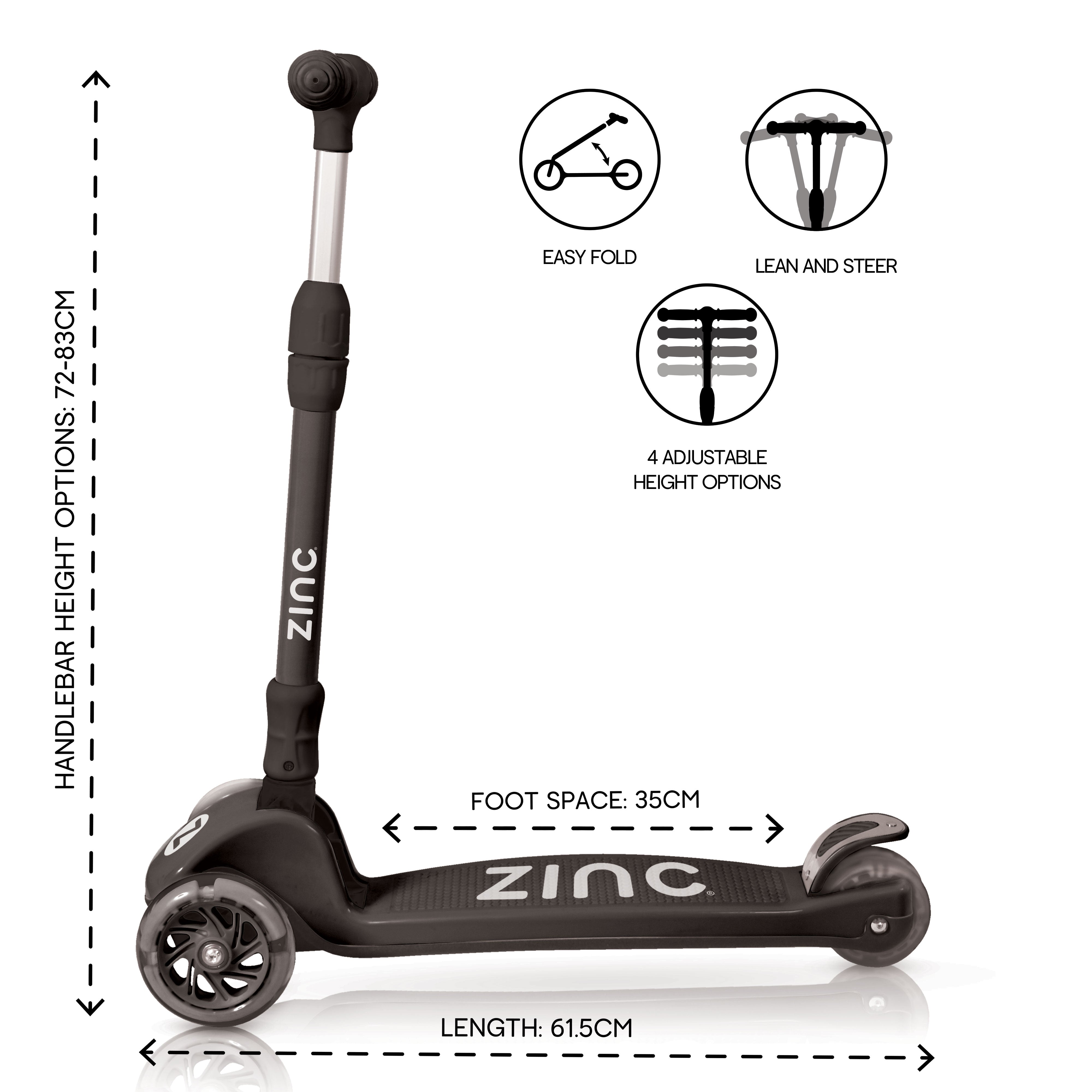 Zinc T-motion Three Wheeled Folding Light Up Scooter Black - side profile displaying T-motion steering and three-wheel design