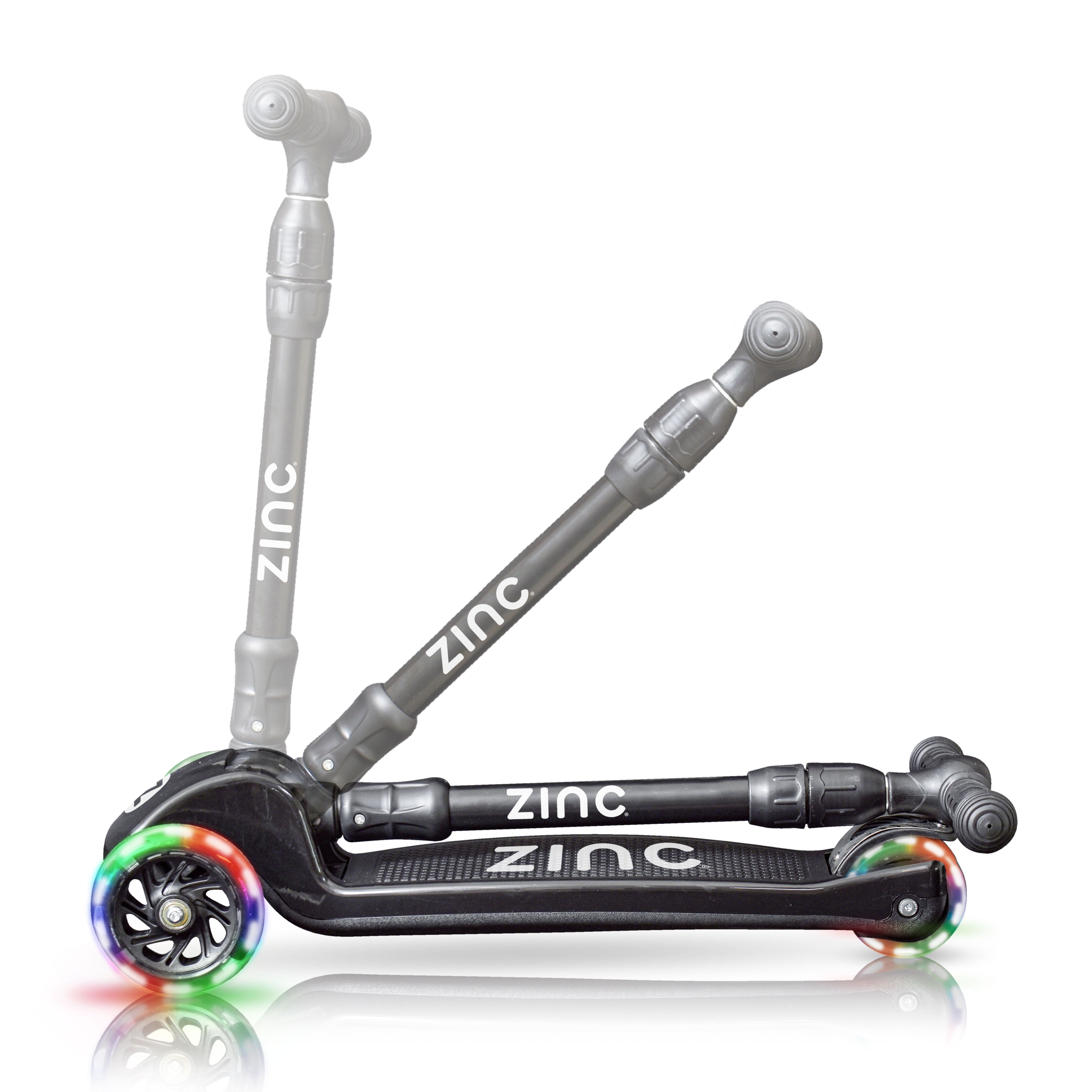 Zinc T-motion Three Wheeled Folding Light Up Scooter Black - detailed view of folding mechanism and handlebar controls