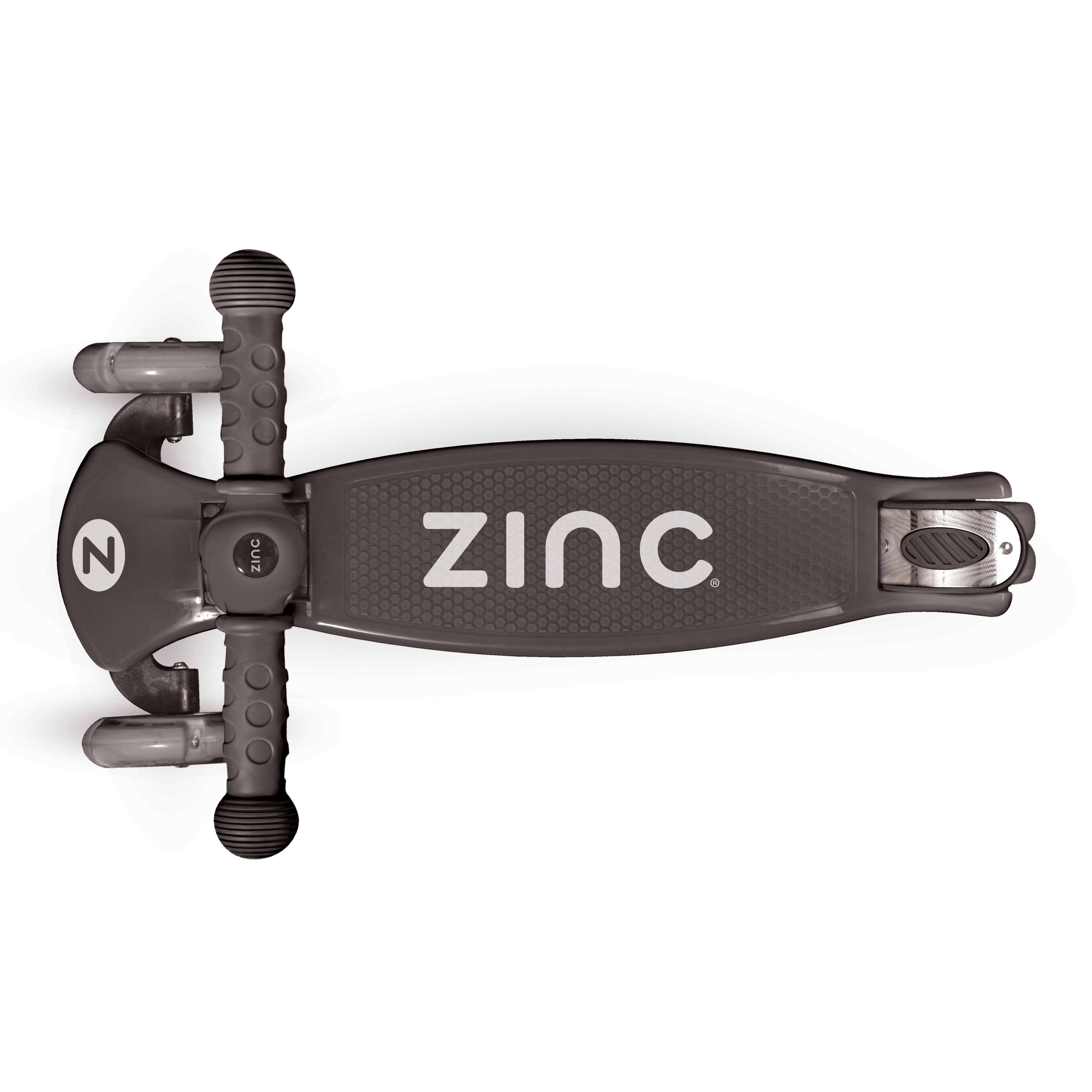 Zinc T-motion Three Wheeled Folding Light Up Scooter Black - top-down view showcasing deck surface and wheel configuration