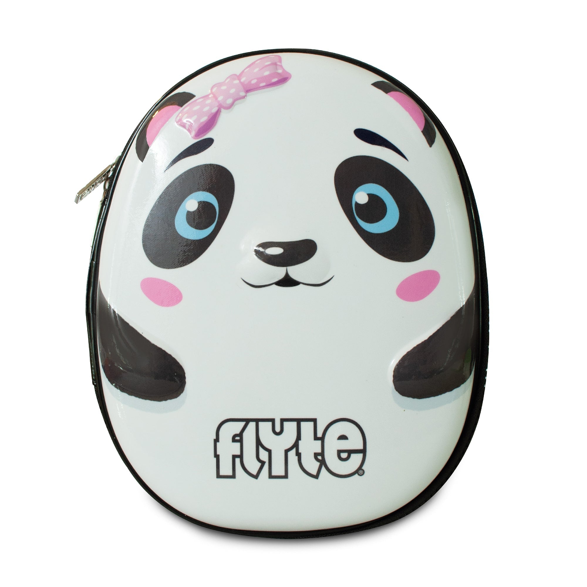 A hardtop pencil case with a design of a panda, predominantly black and white with pink accents, and the text 'FLYTE' on the front.
