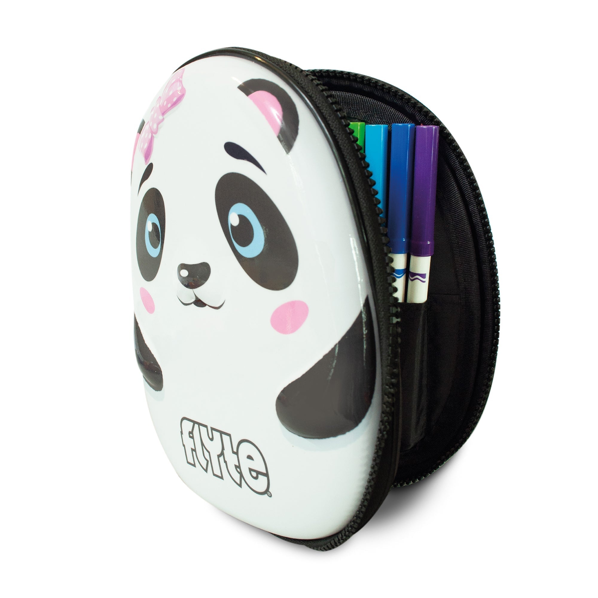 Zinc Flyte Pencil Case Polly the Panda side view showing detailed panda face design with pink accents and quality zipper