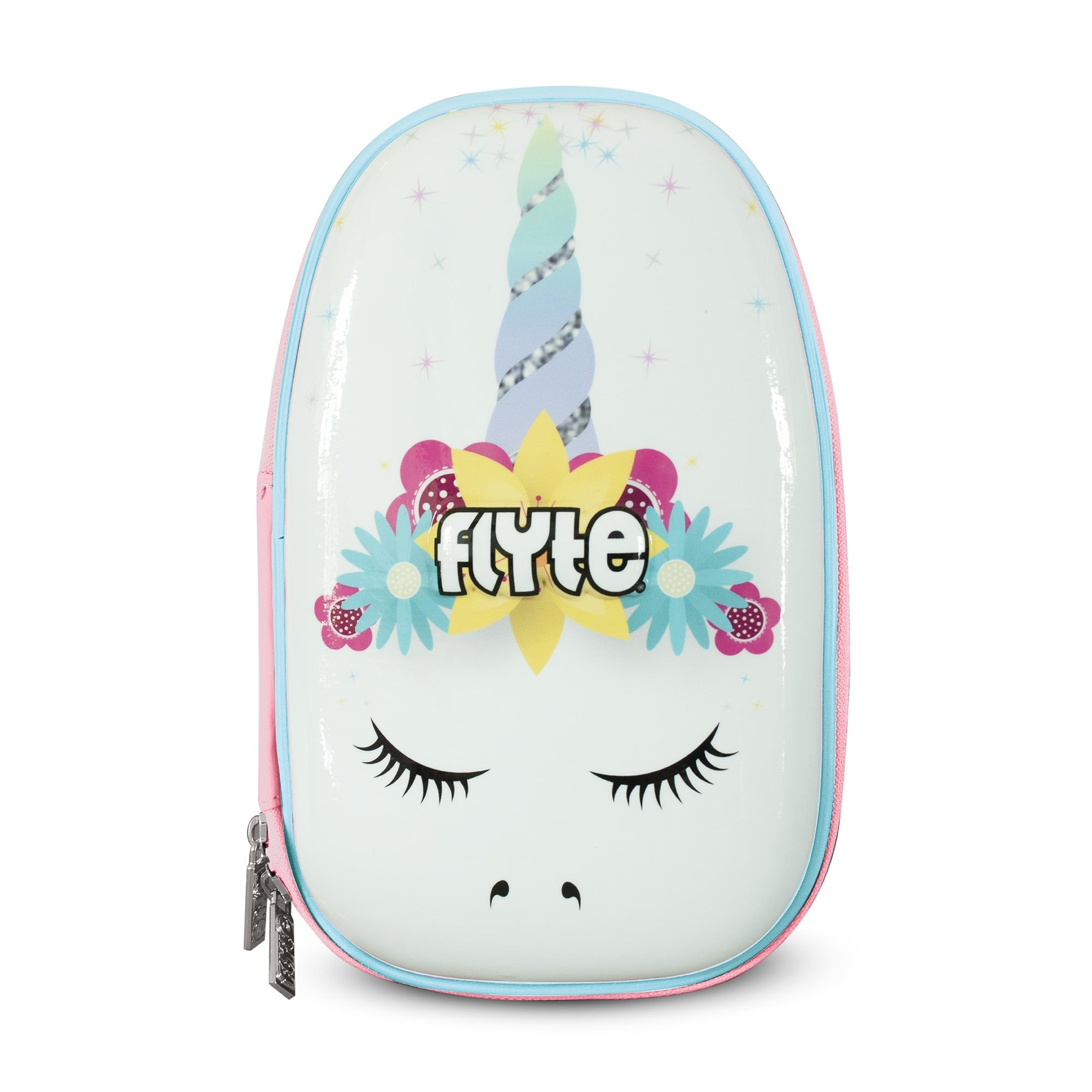 A hardtop pencil case with a cartoon unicorn face design, featuring a two-way zipper and colored in white, blue, pink, and multicolor.