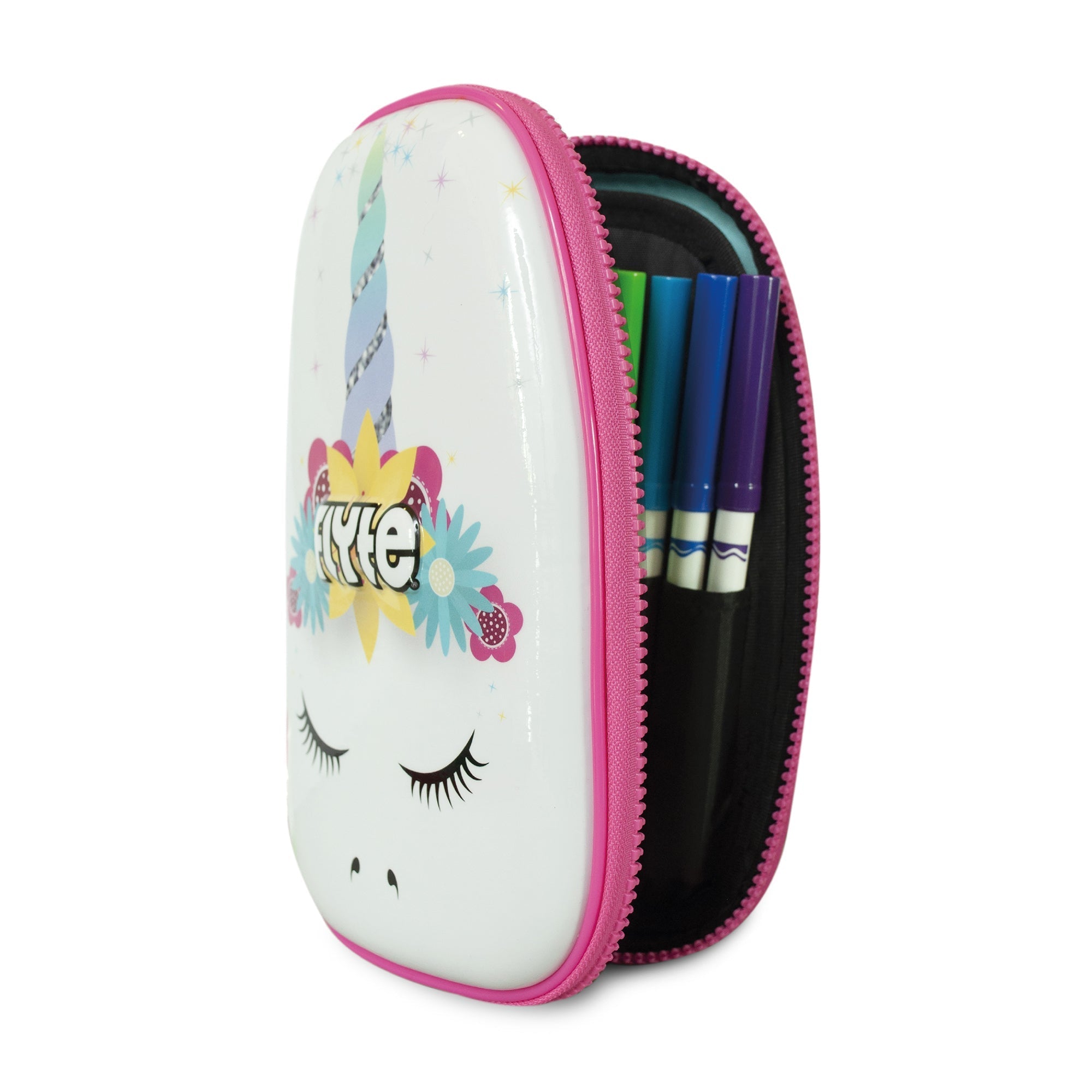 Zinc Flyte Pencil Case Chloe the Unicorn front view showing detailed unicorn face design with rainbow horn and quality zipper