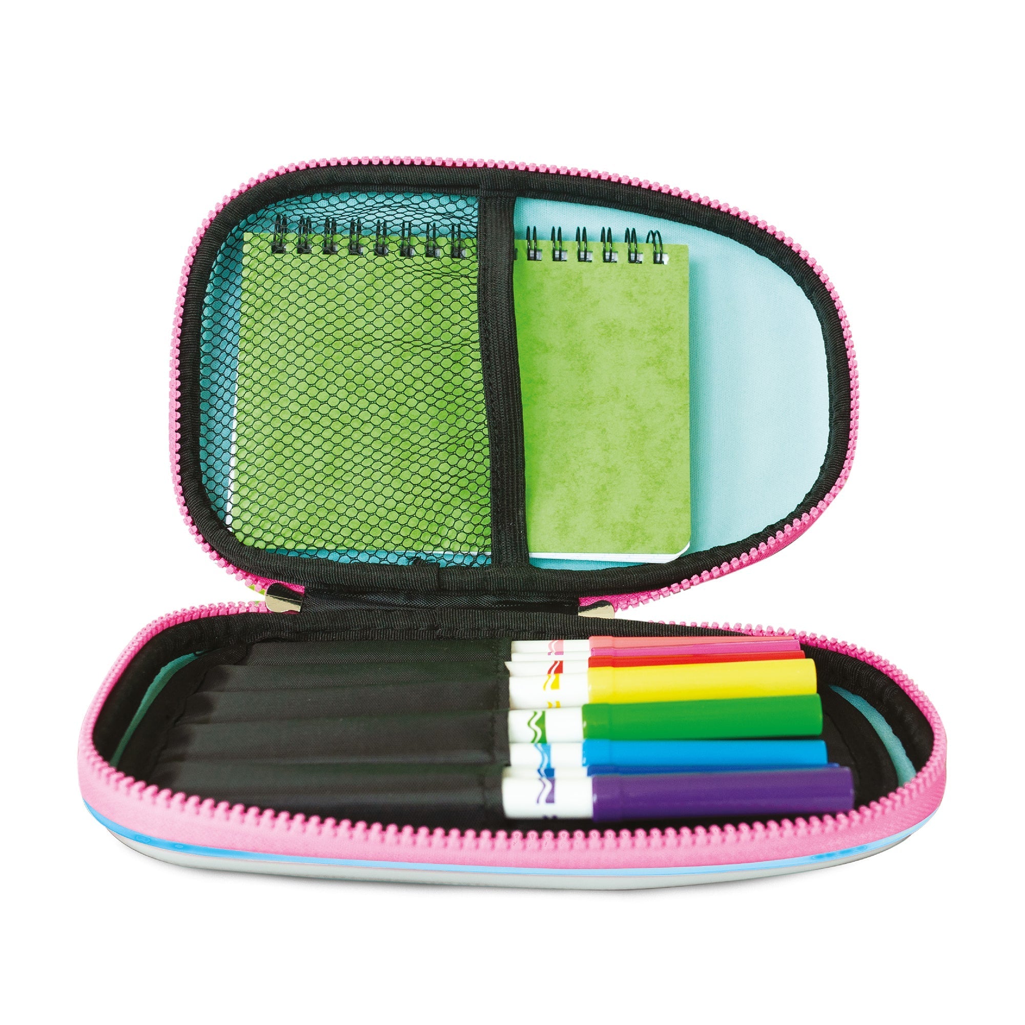 Zinc Flyte Pencil Case Chloe the Unicorn open view displaying spacious interior for pens, pencils and school essentials