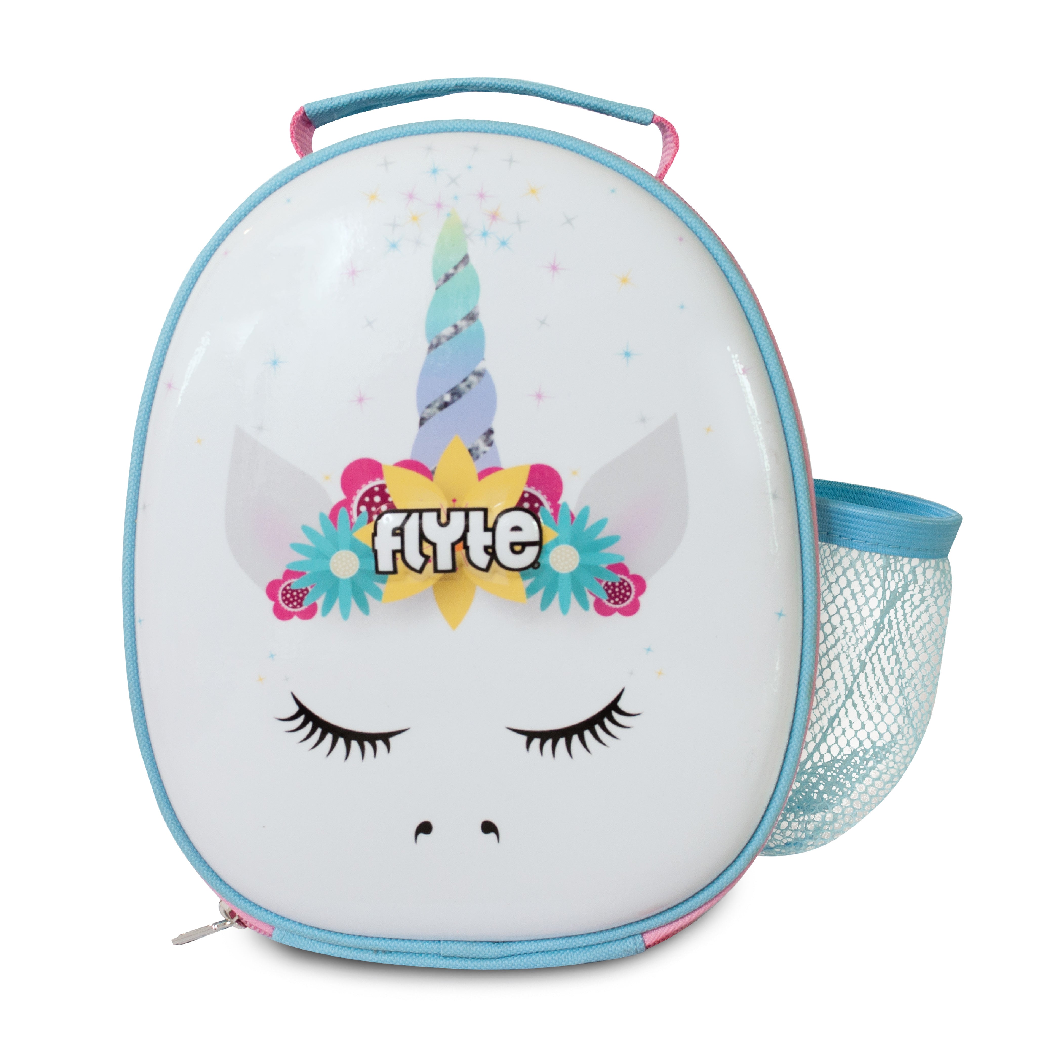 A lunch bag designed with a cartoon unicorn face and floral elements, primarily in white, blue, and pink colors.