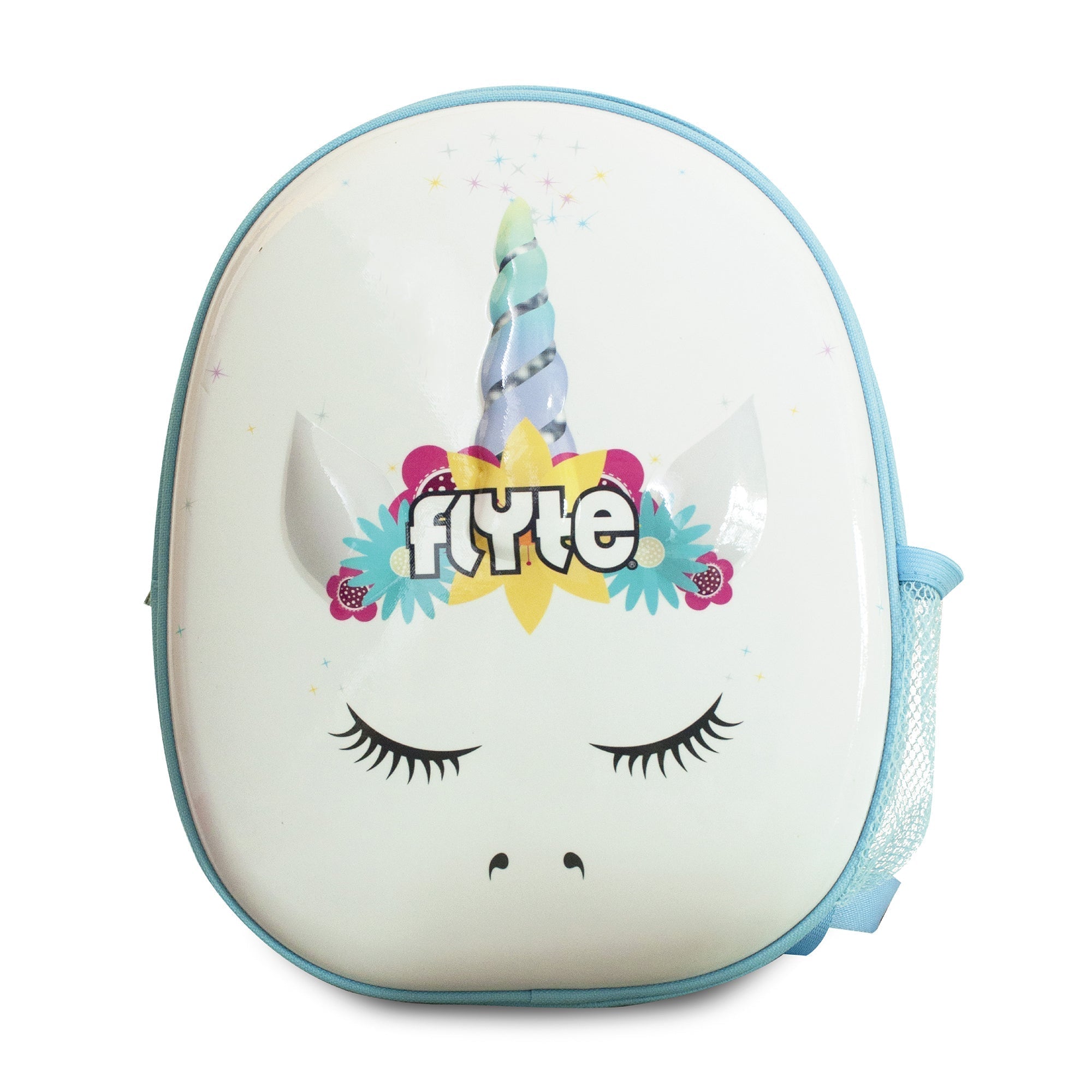 A white backpack with a unicorn design, featuring a blue trim and a mesh side pocket.
