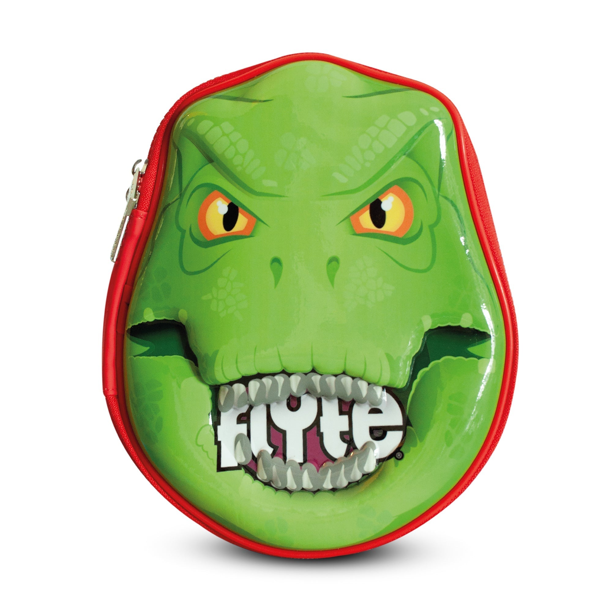 A hardtop pencil case with a dinosaur design, predominantly green with a red zipper, and the brand name 'Flyte' visible on the mouth of the dinosaur.