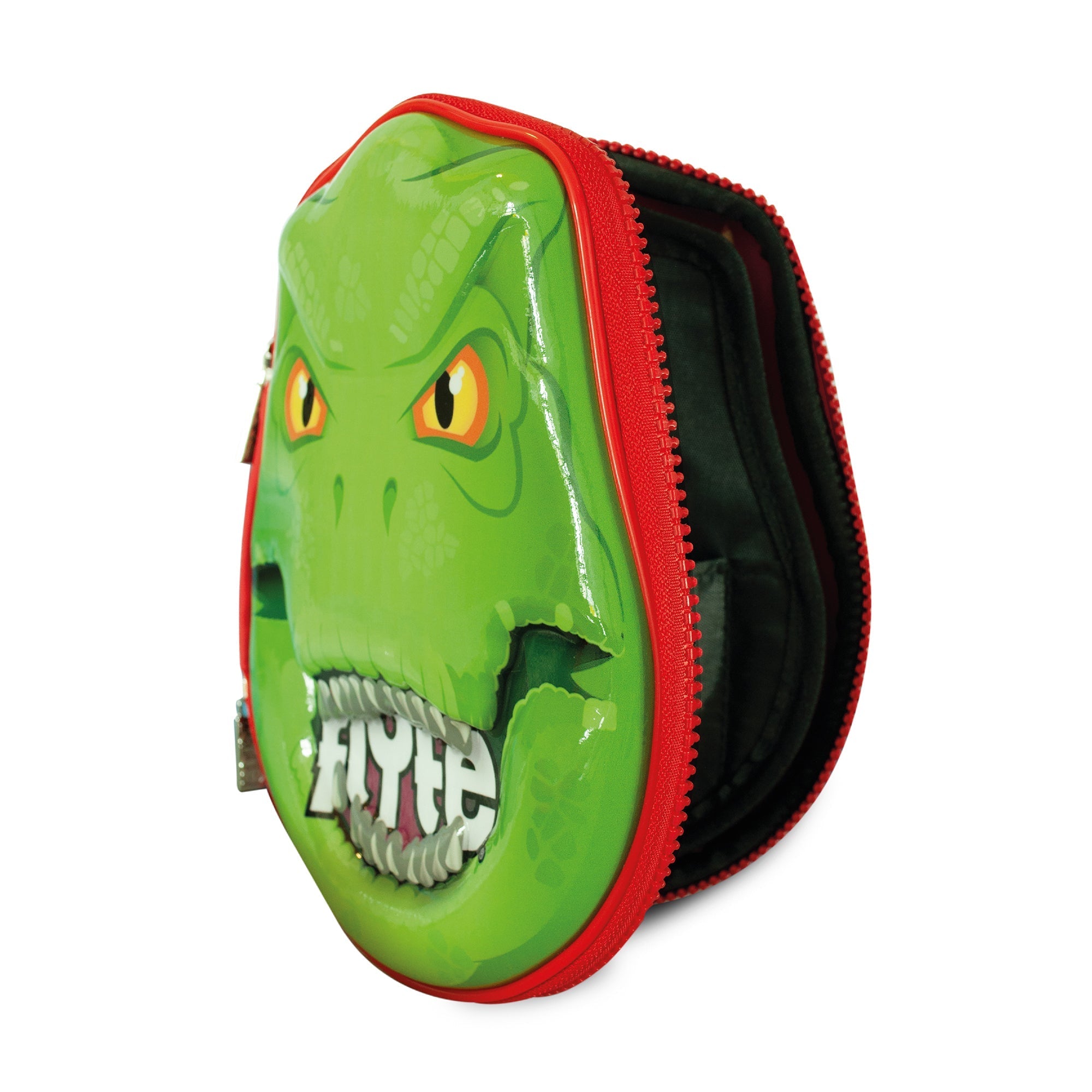 Zinc Flyte Pencil Case Darwin the Dino front view showing detailed dinosaur face design and quality zipper