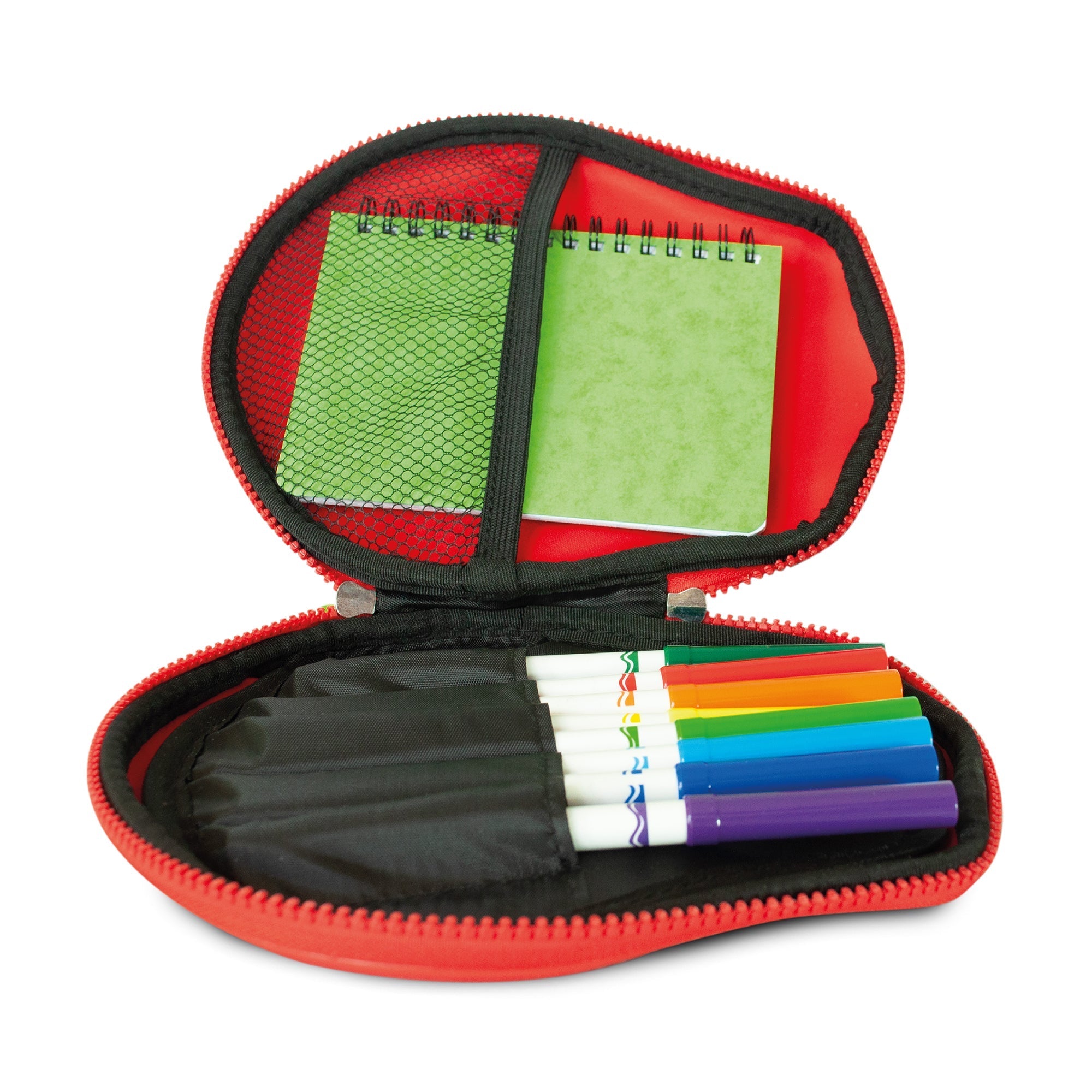 Zinc Flyte Pencil Case Darwin the Dino open view displaying spacious interior for pens, pencils and school essentials.