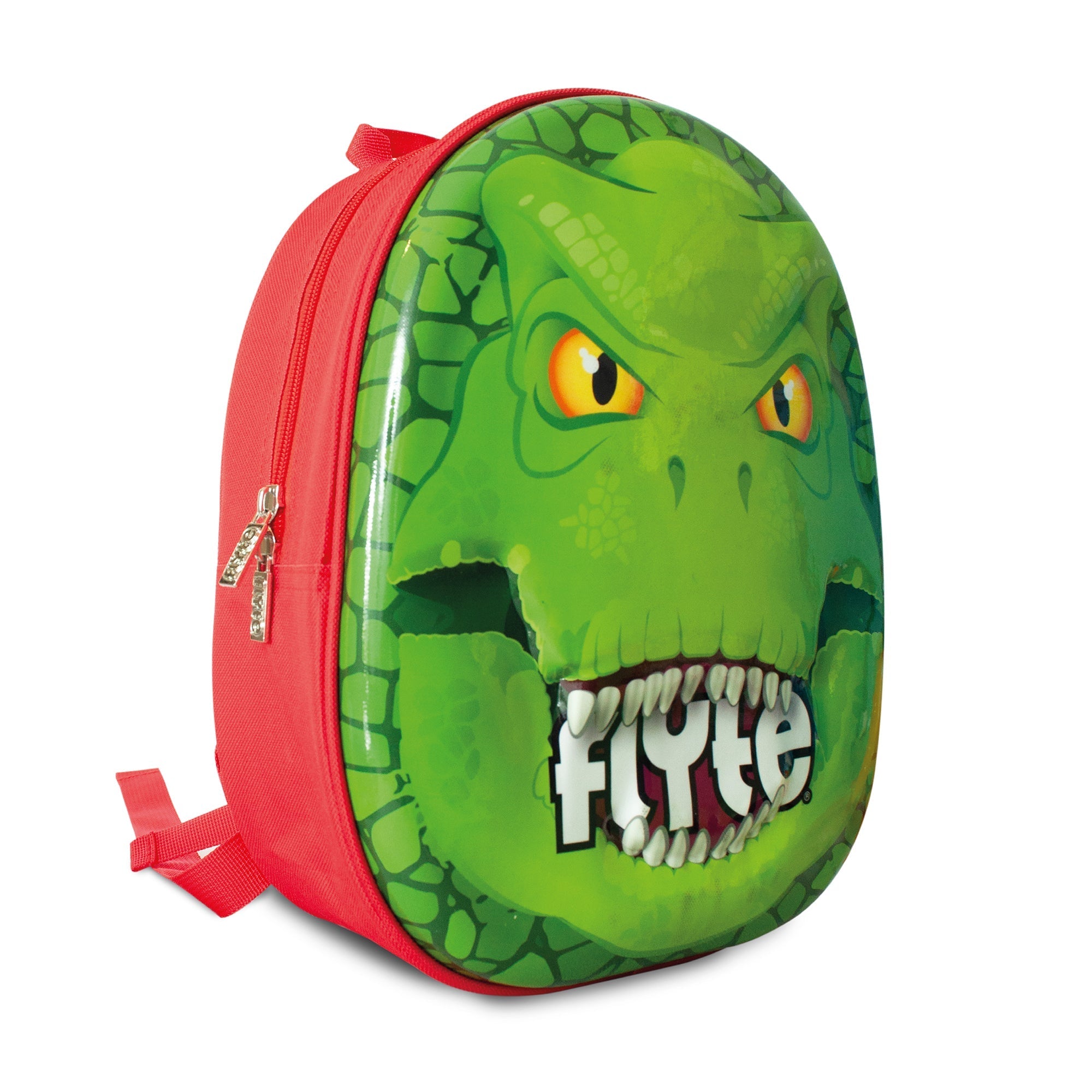 Zinc Flyte Backpack Darwin the Dino angled view showing detailed dinosaur face design and quality construction