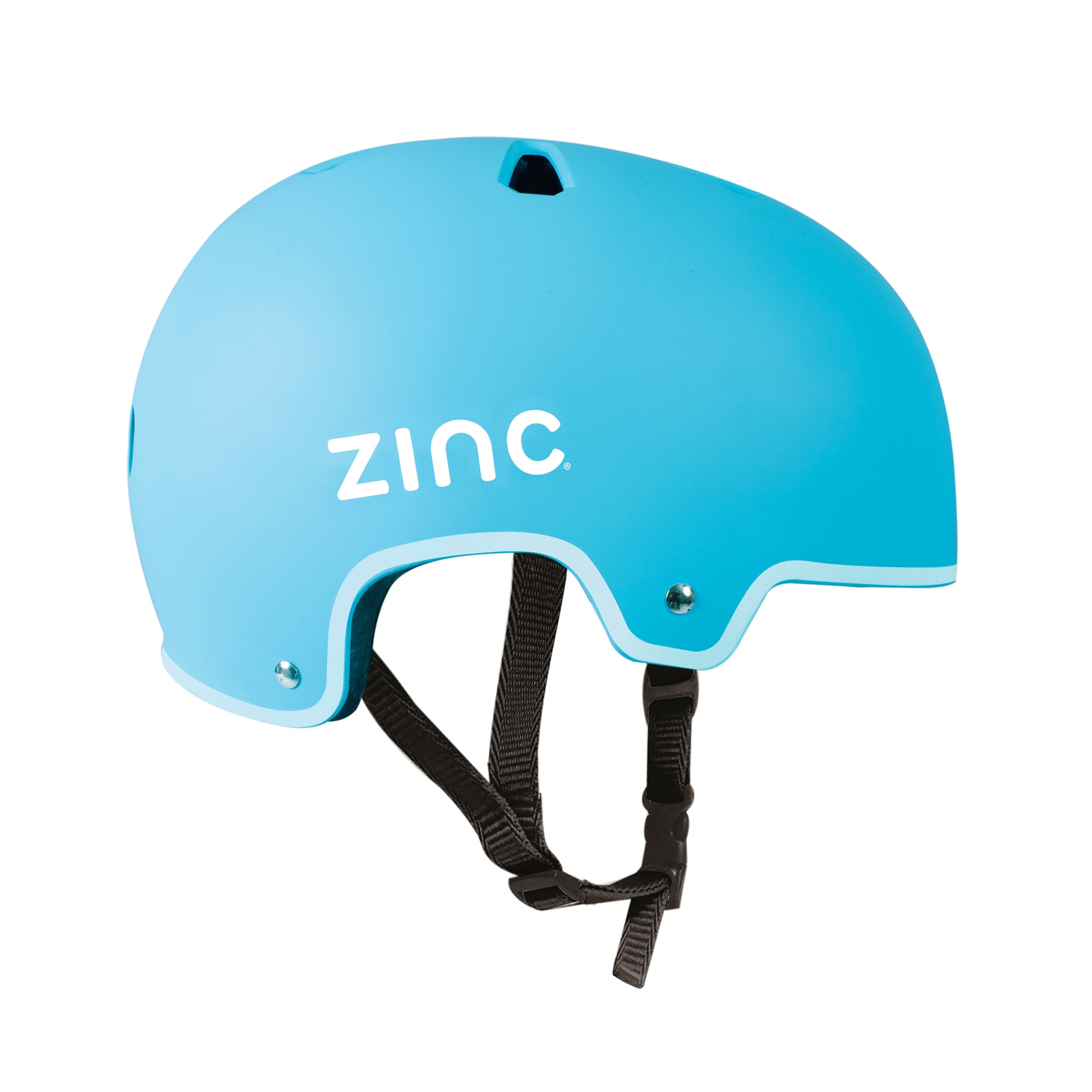 Side view of Zinc Move blue scooter helmet showing ventilation holes and adjustable straps
