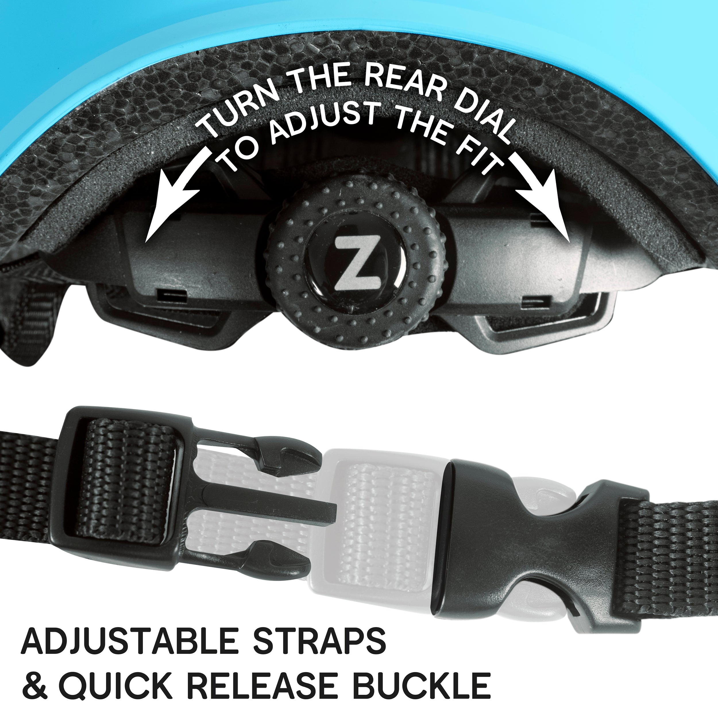Close-up of adjustable straps and quick release buckle on the blue zinc move helmet