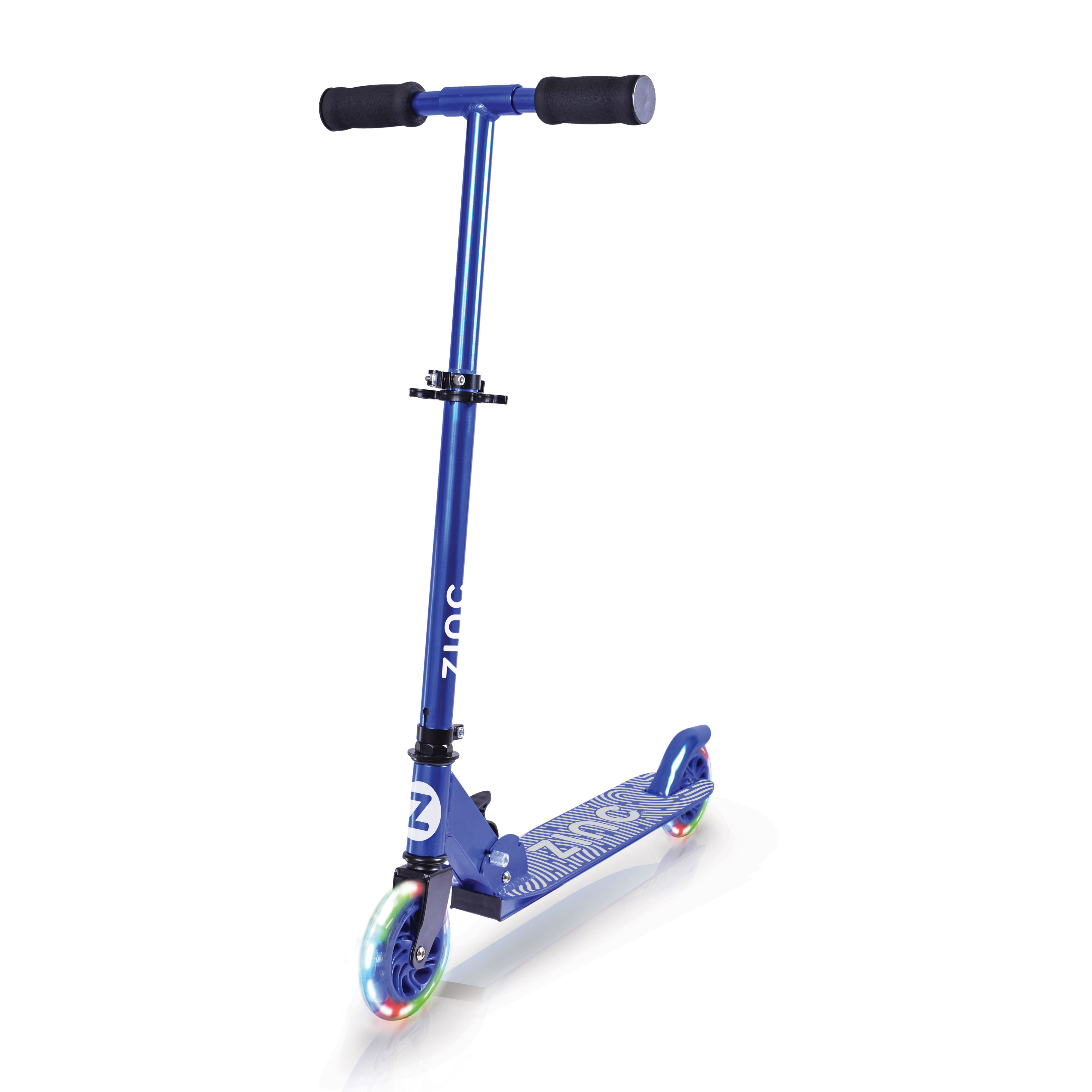 Blue folding scooter with light up wheels, adjustable height 71-81cm, and anti-slip grip tape