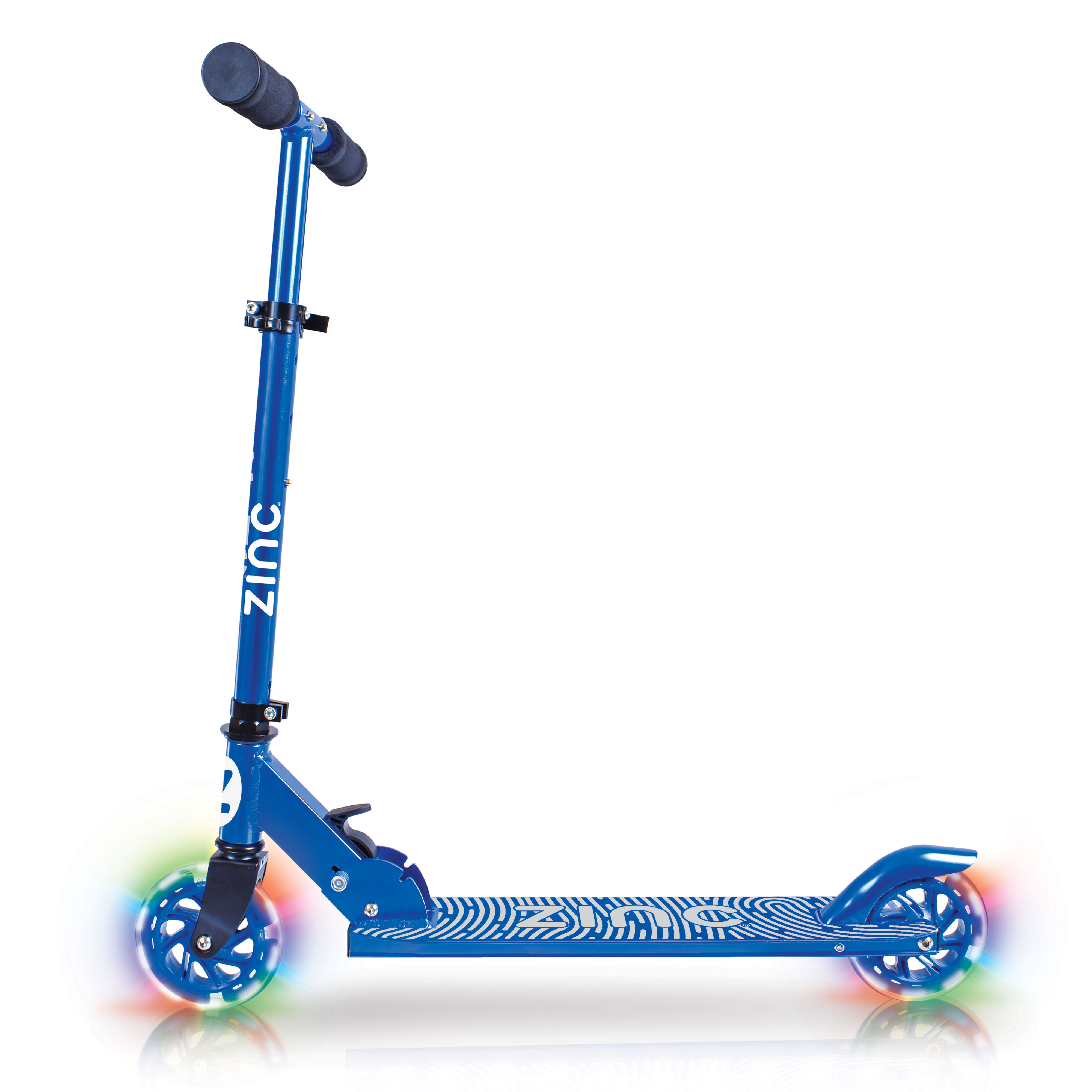 Blue folding scooter side profile displaying streamlined design, rear footbrake, and battery-free light up wheels