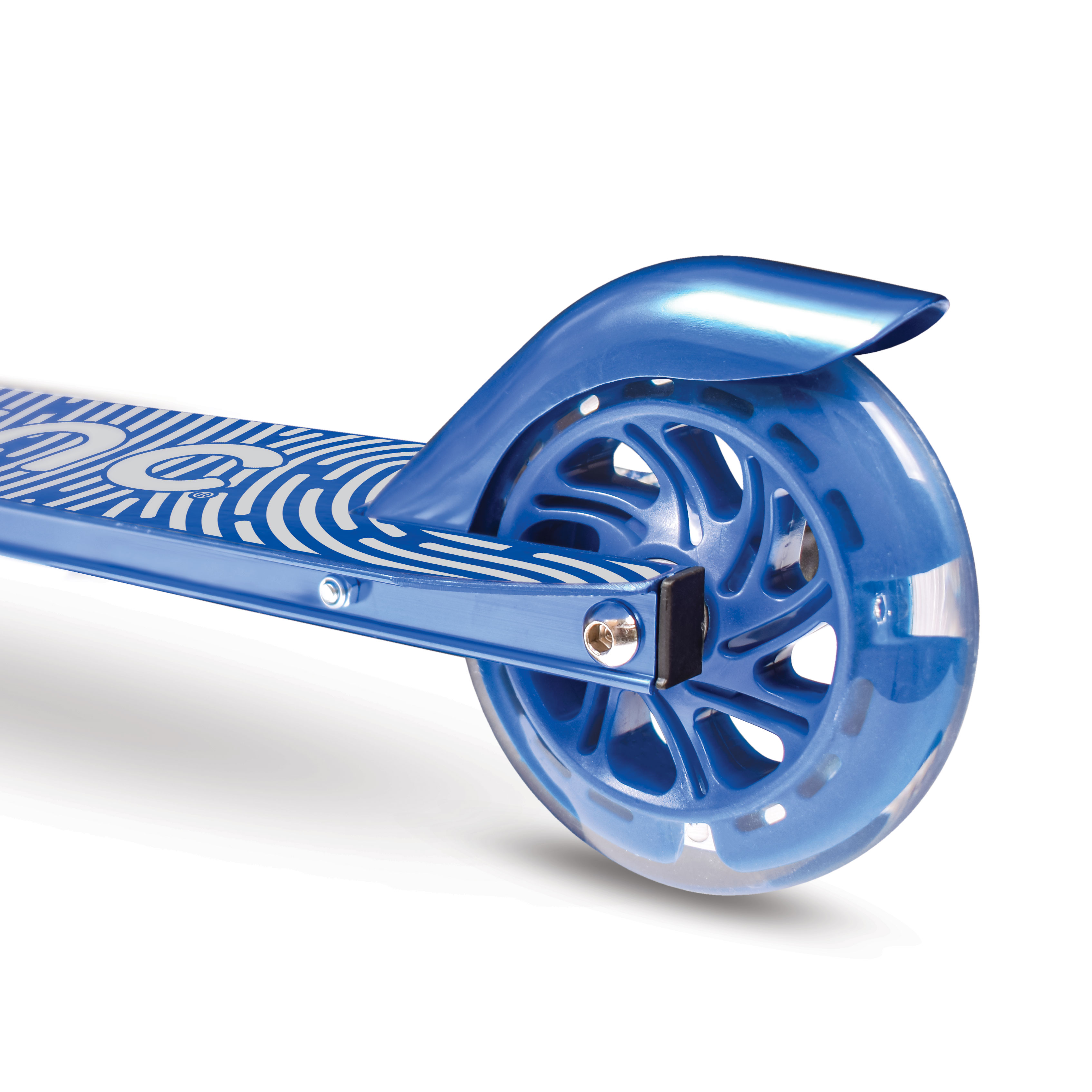 Close-up of blue Zinc Identity scooter 120mm wheels with battery-free light up technology and precision bearings