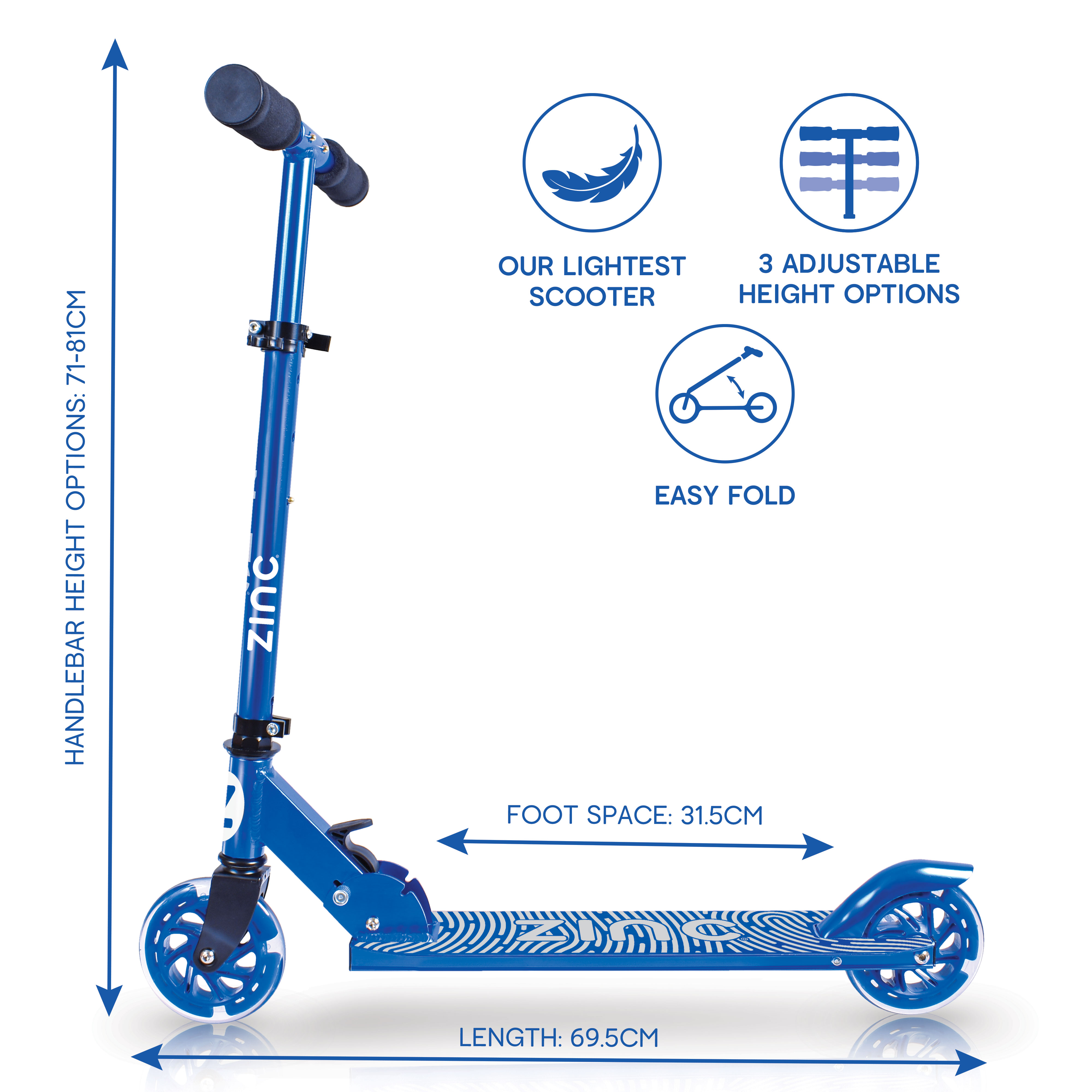 120mm wheels with battery-free light up technology on Zinc's lightest scooter at 1.86kg