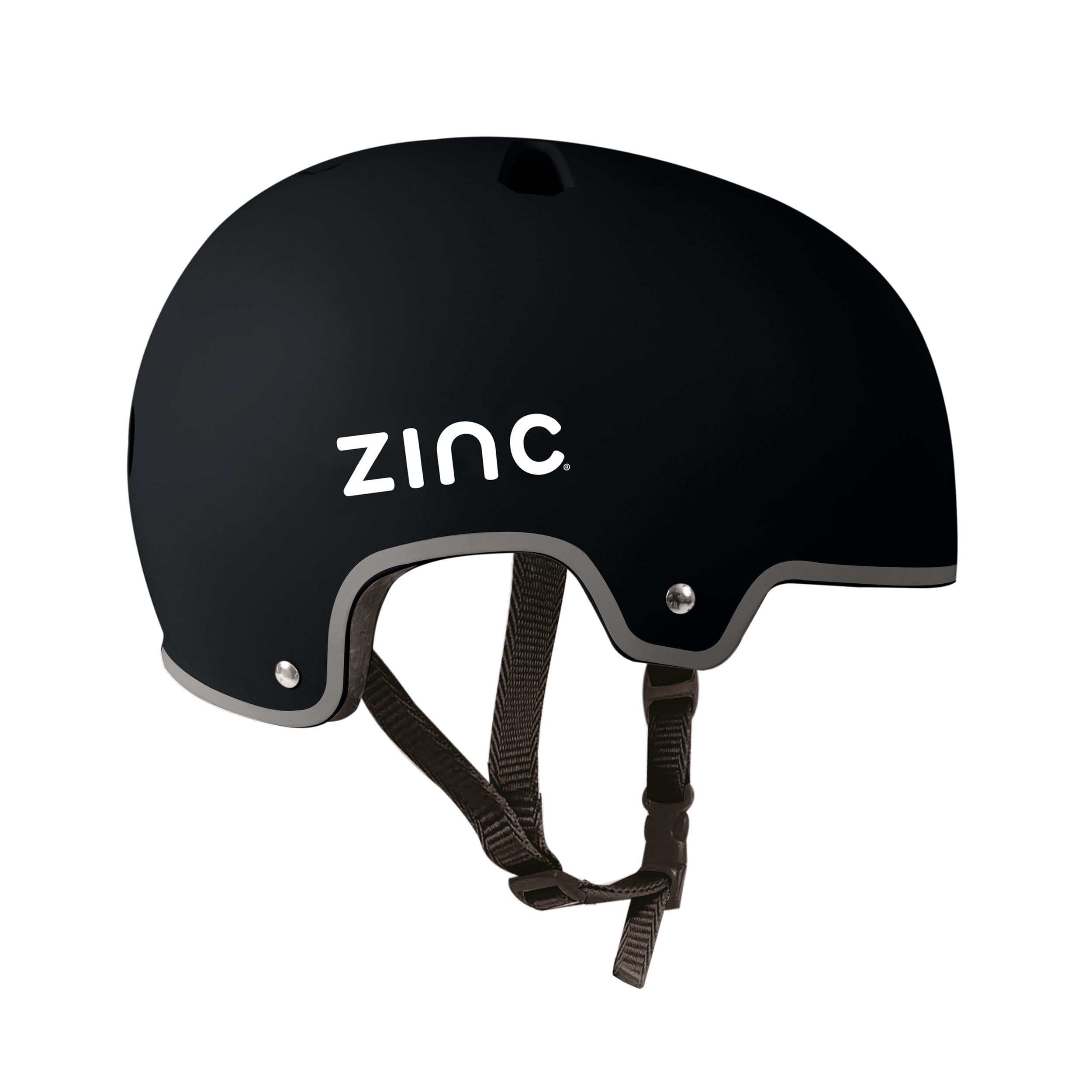 Side view of Zinc Move black scooter helmet showing ventilation holes and adjustable straps