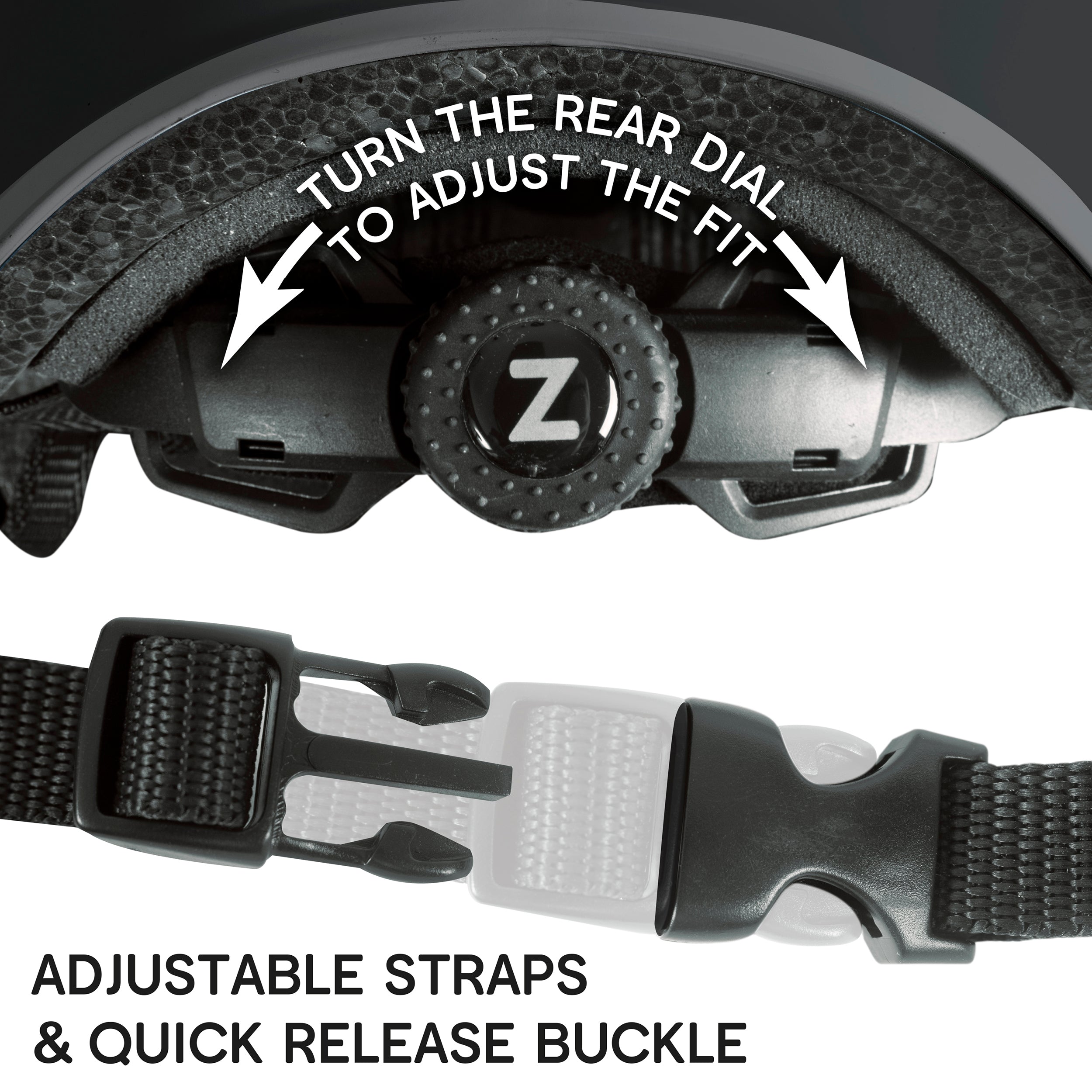 Close-up of adjustable straps and quick release buckle on the zinc move helmet