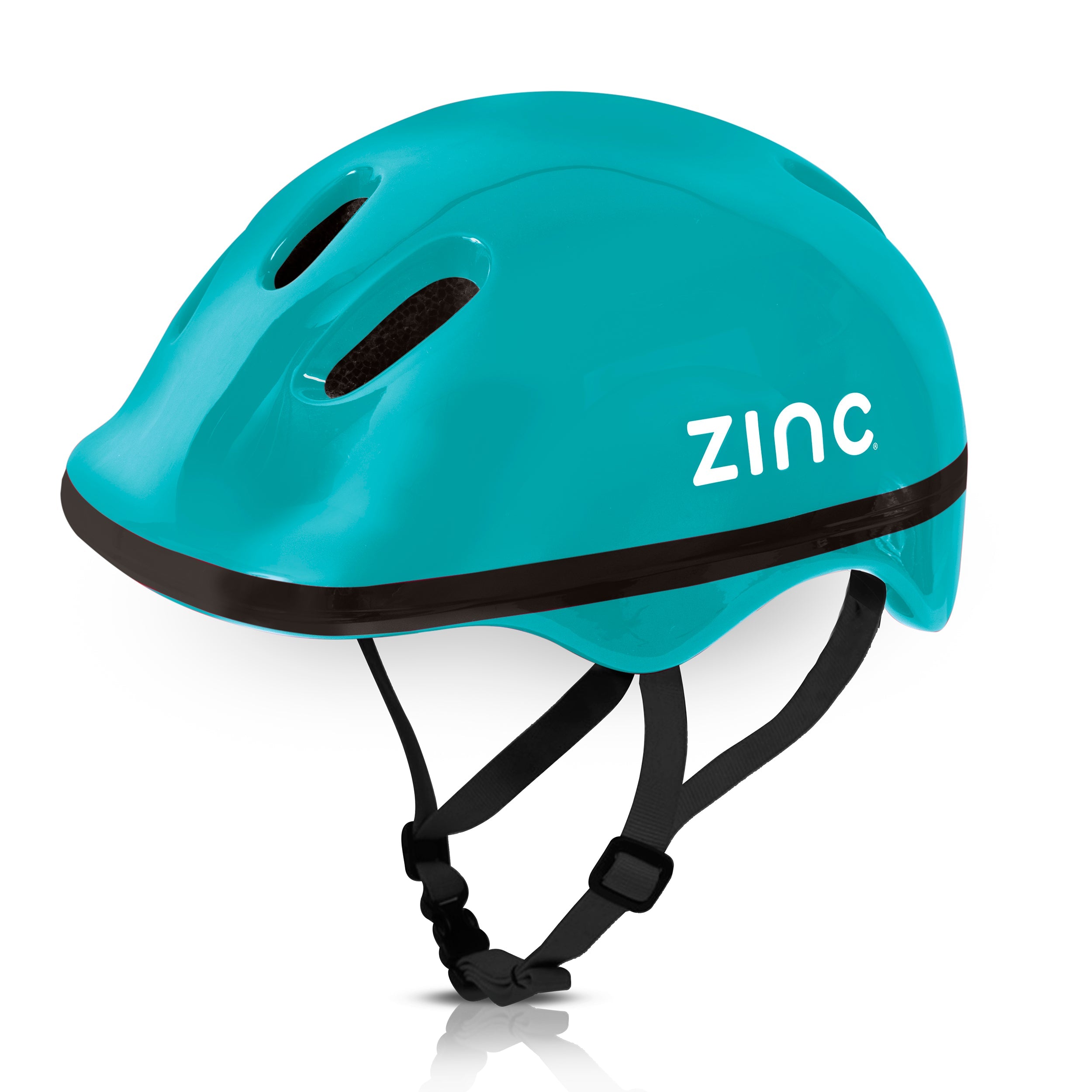 A blue children's bike helmet with the brand name 'ZINC' written on the side.