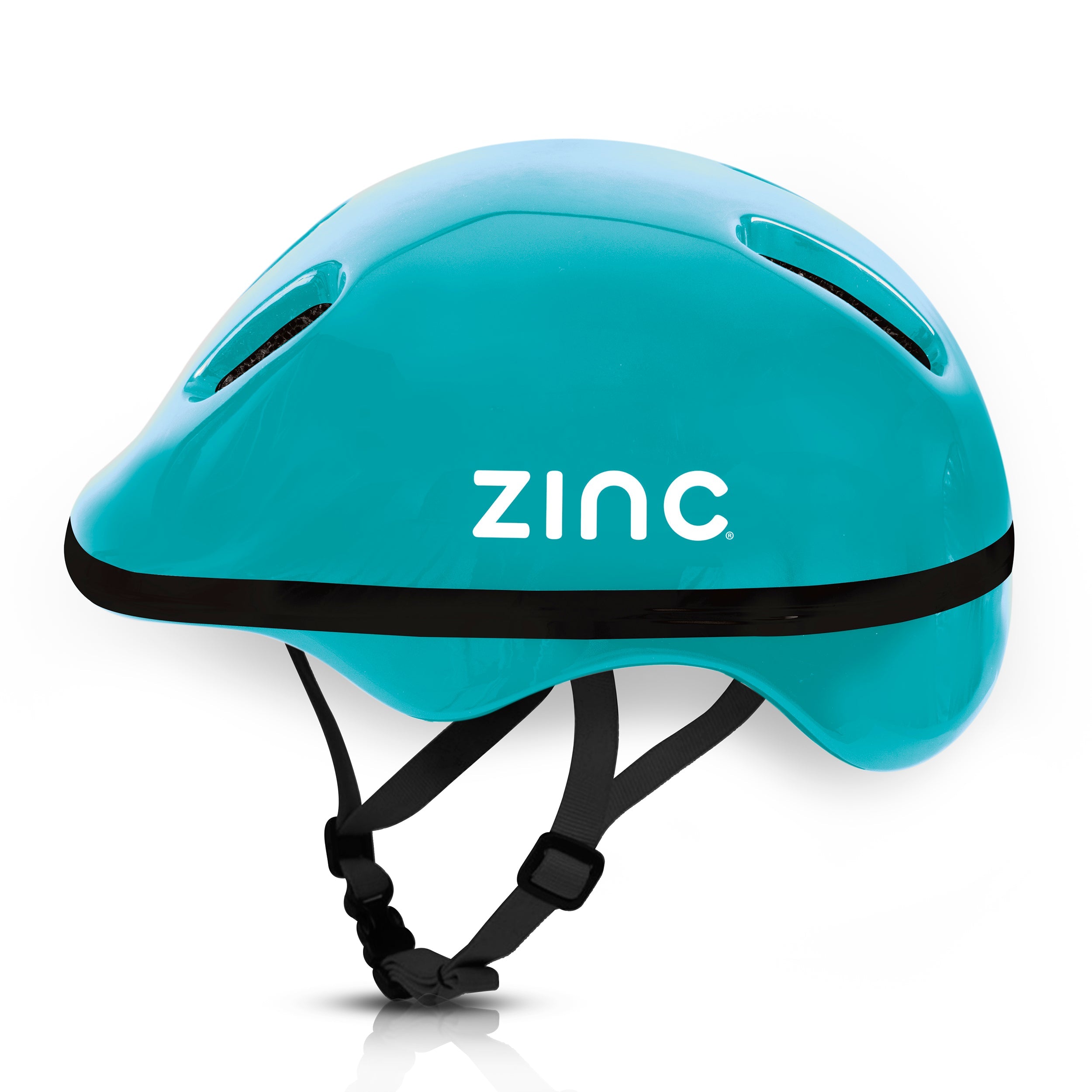 Zinc children's blue bike helmet side view showing ventilation holes and adjustable straps for 52-56cm head sizes