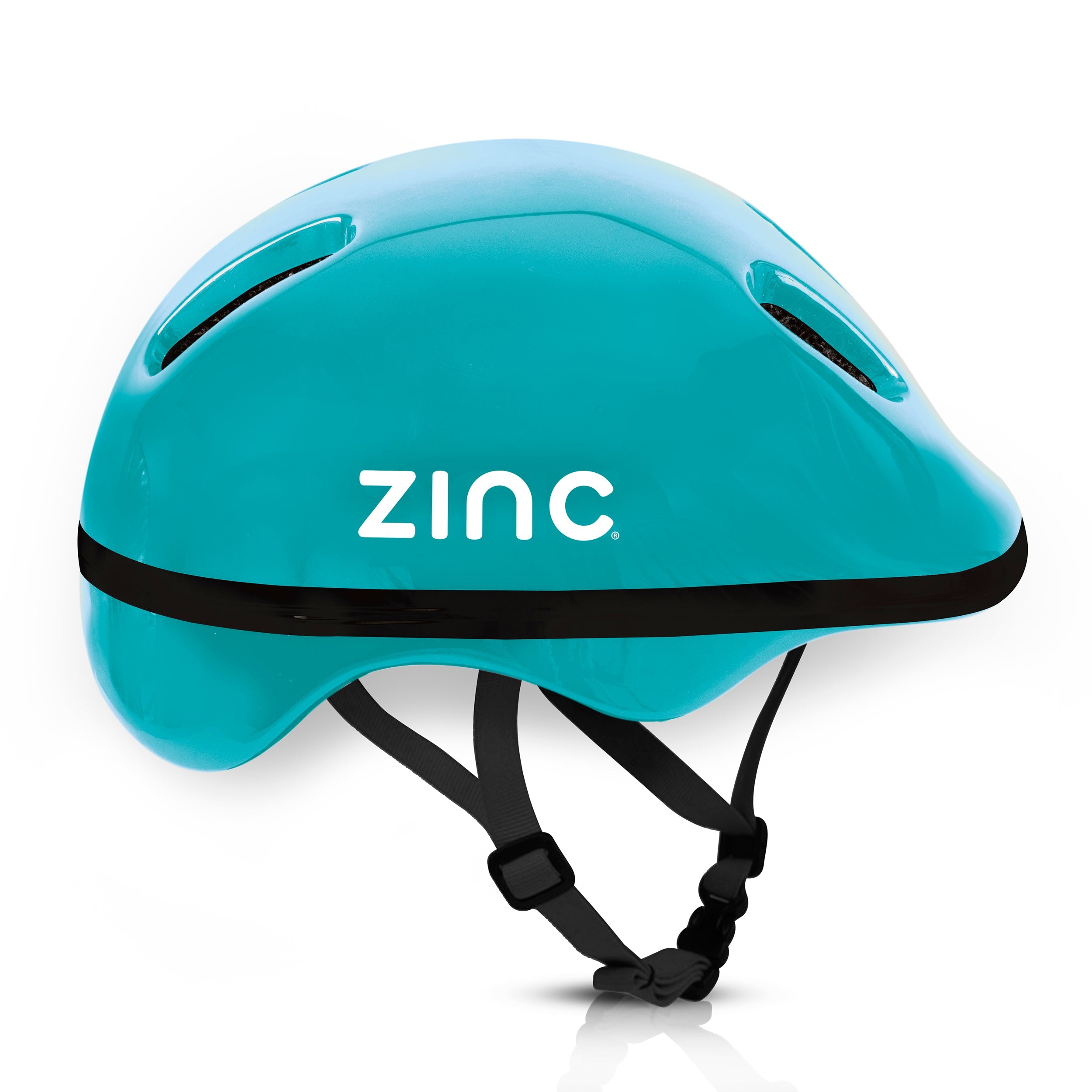 Zinc children's blue bike helmet side view showing ventilation holes and adjustable straps for 52-56cm head sizes