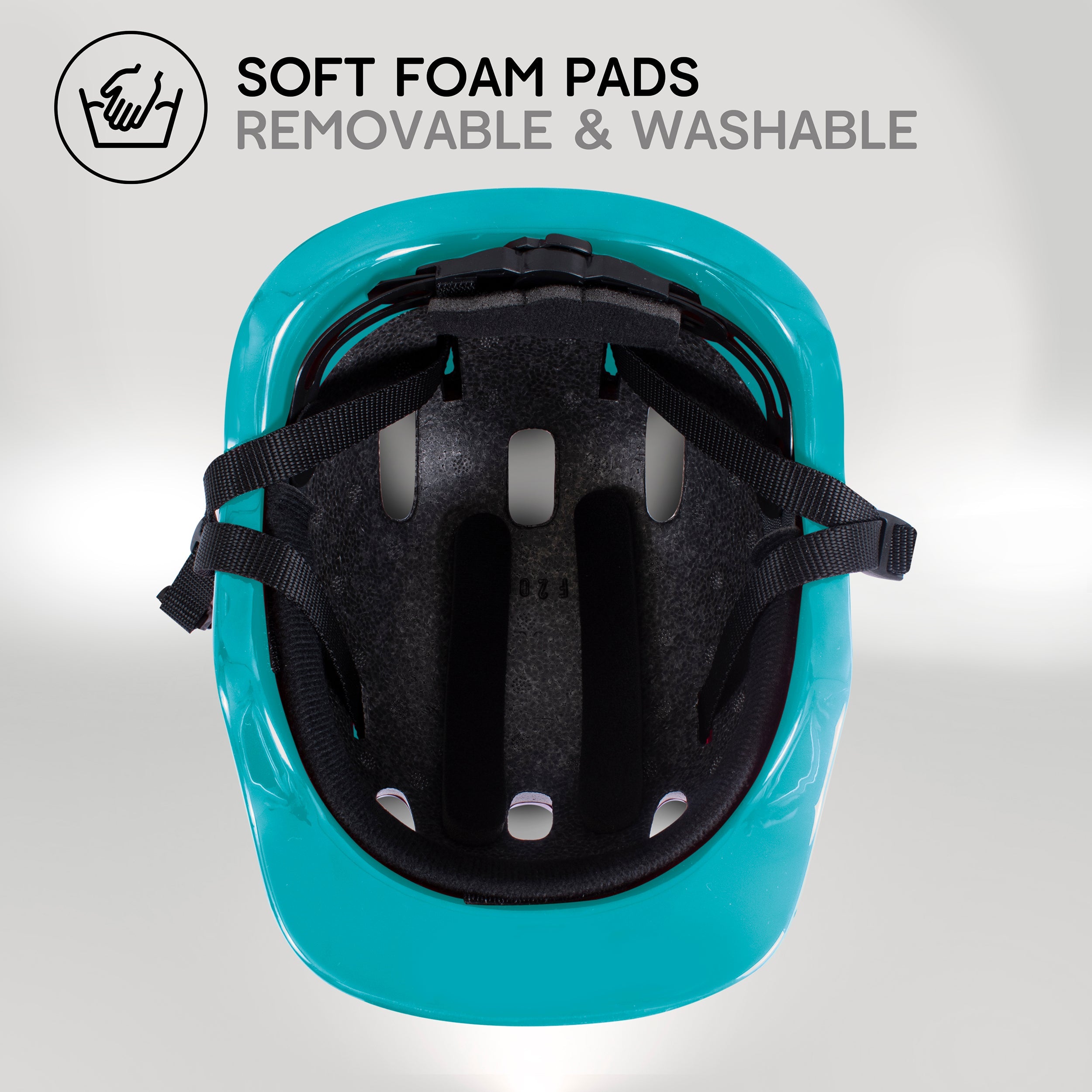 Zinc children's blue bike helmet interior showing washable padding and comfort fit system