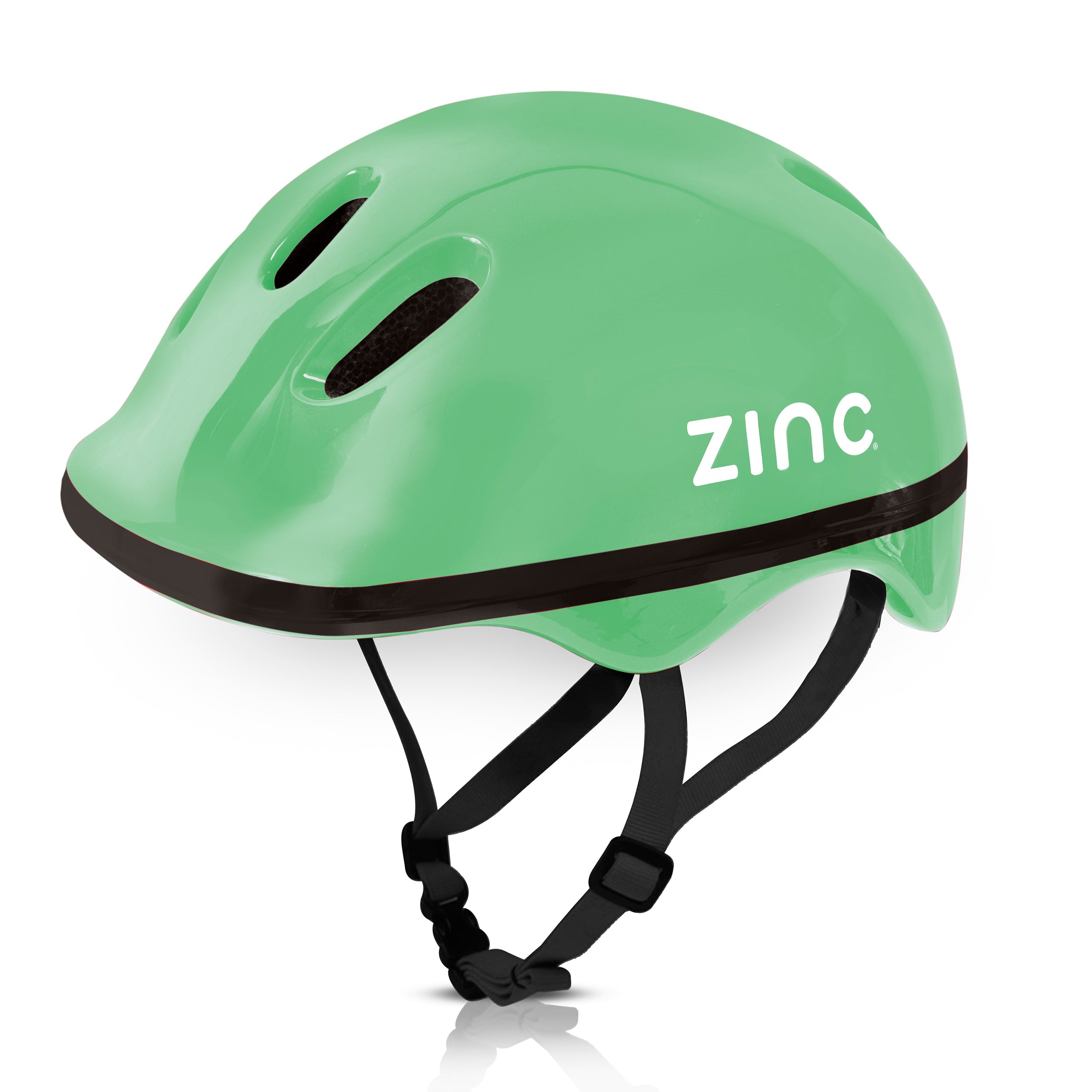 A green children's bike helmet with the brand name 'ZINC' written on the side.