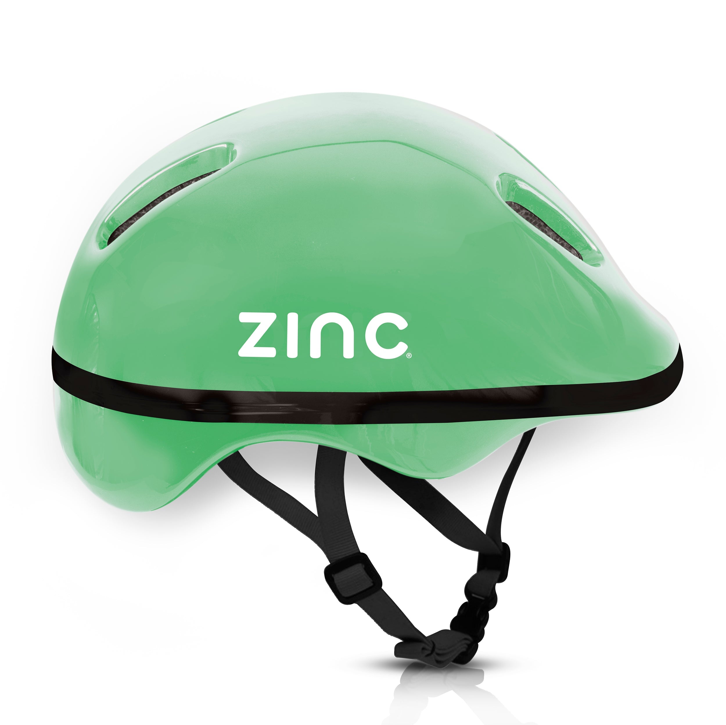 Zinc children's green bike helmet side view showing ventilation holes and adjustable straps for 52-56cm head sizes