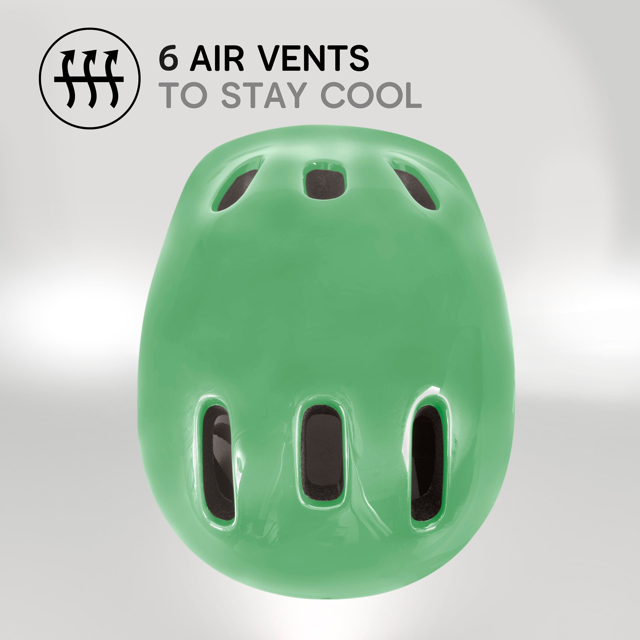 Zinc children's green bike helmet top view with 6 cooling vents for temperature control