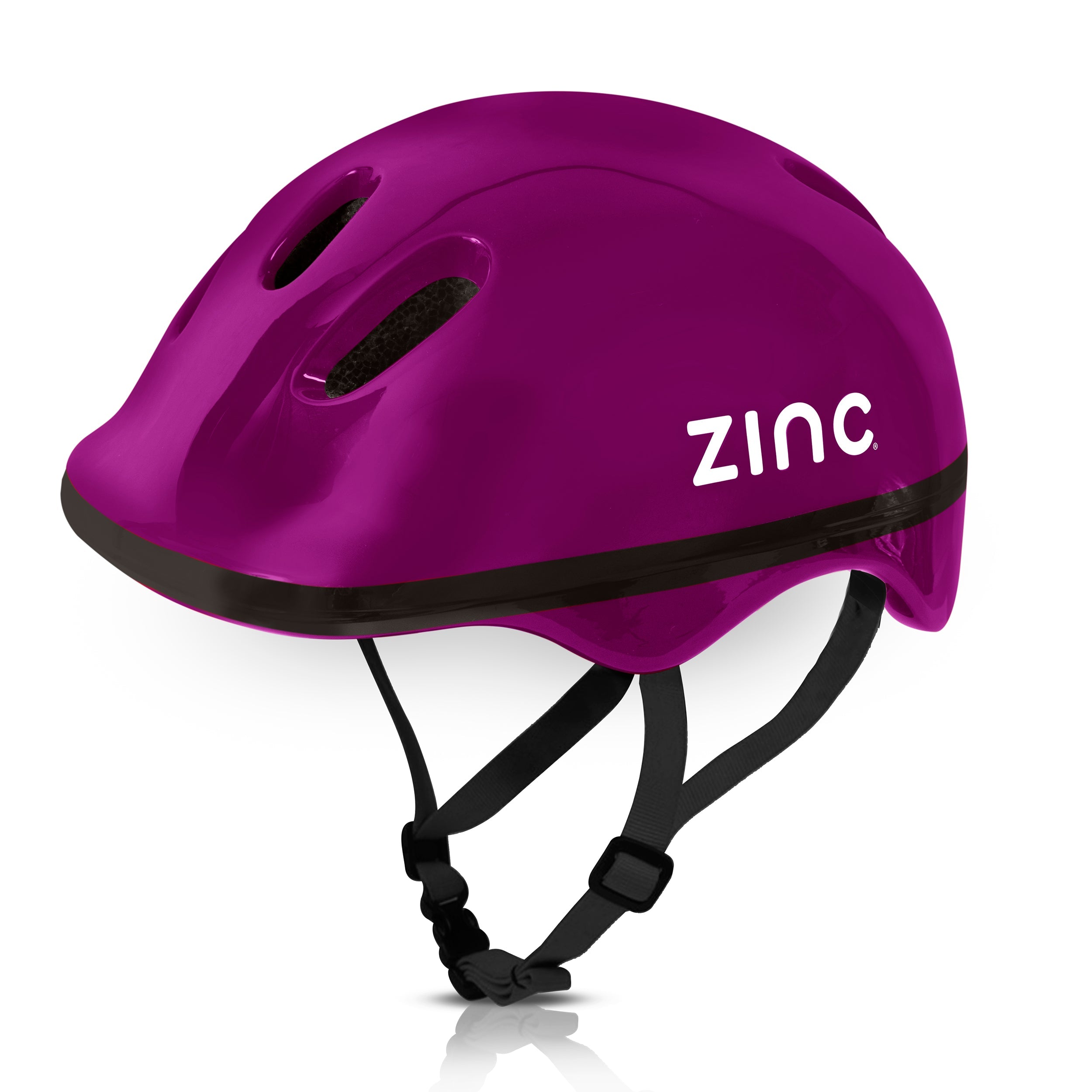 A plumb children's bike helmet with the brand name 'ZINC' written on the side.