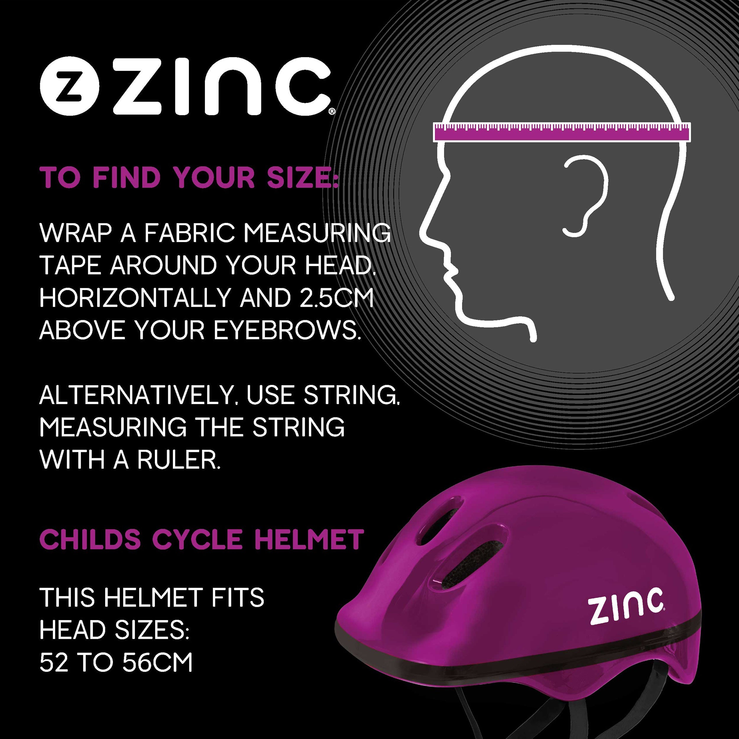 Zinc Measurement guide for fitting Zinc Bike helmet purple
