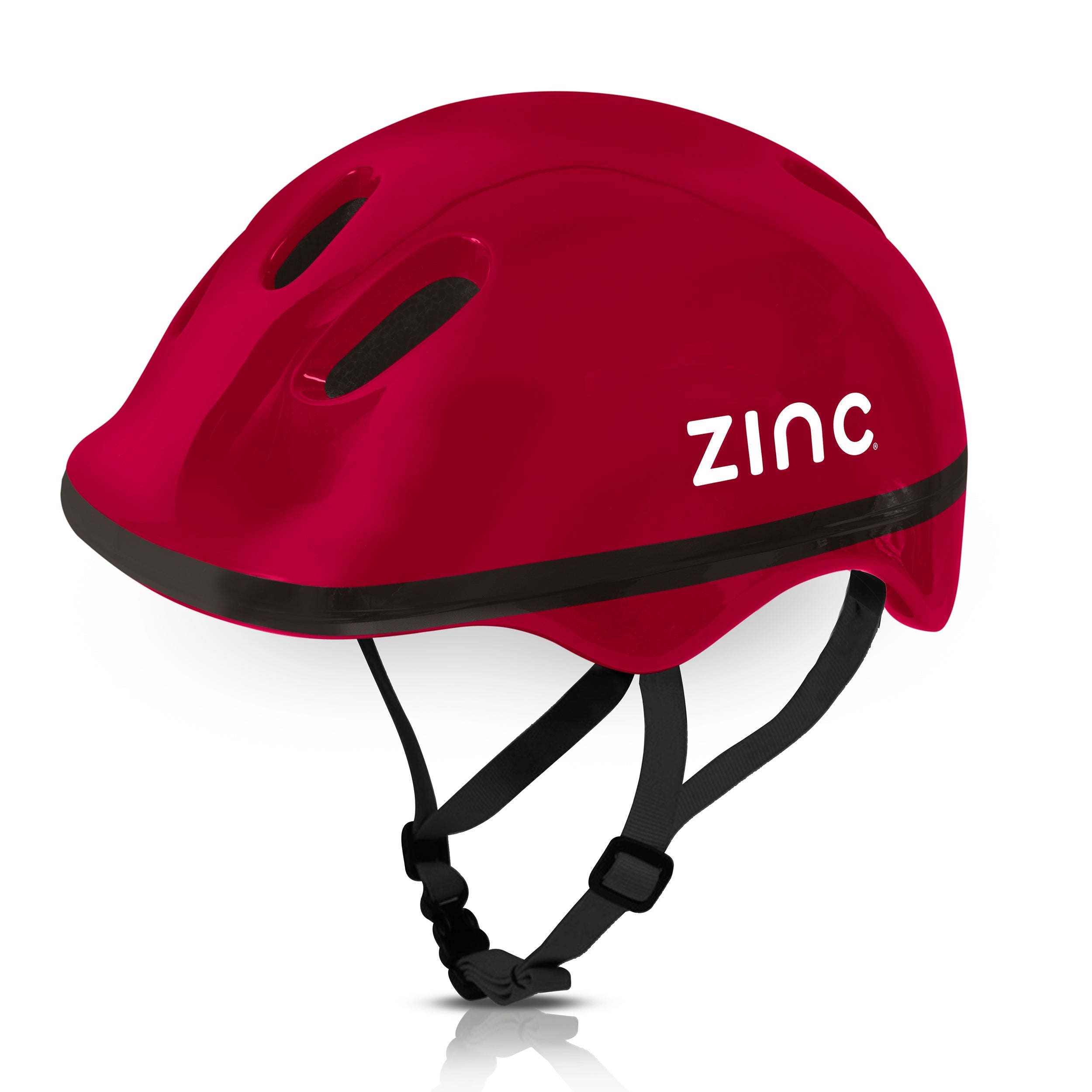 A red children's bike helmet with the brand name 'ZINC' written on the side.