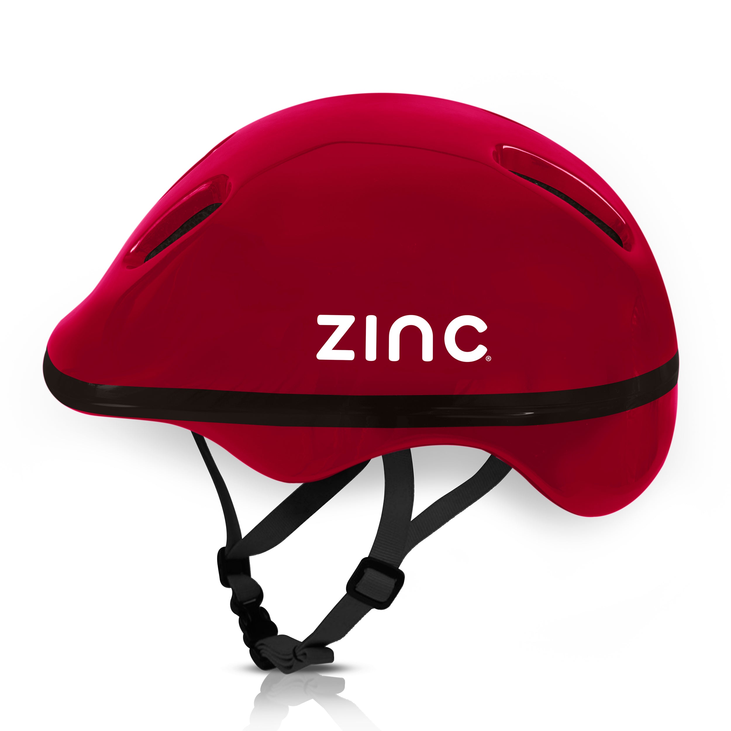 Zinc children's red bike helmet side view showing ventilation holes and adjustable straps for 52-56cm head sizes