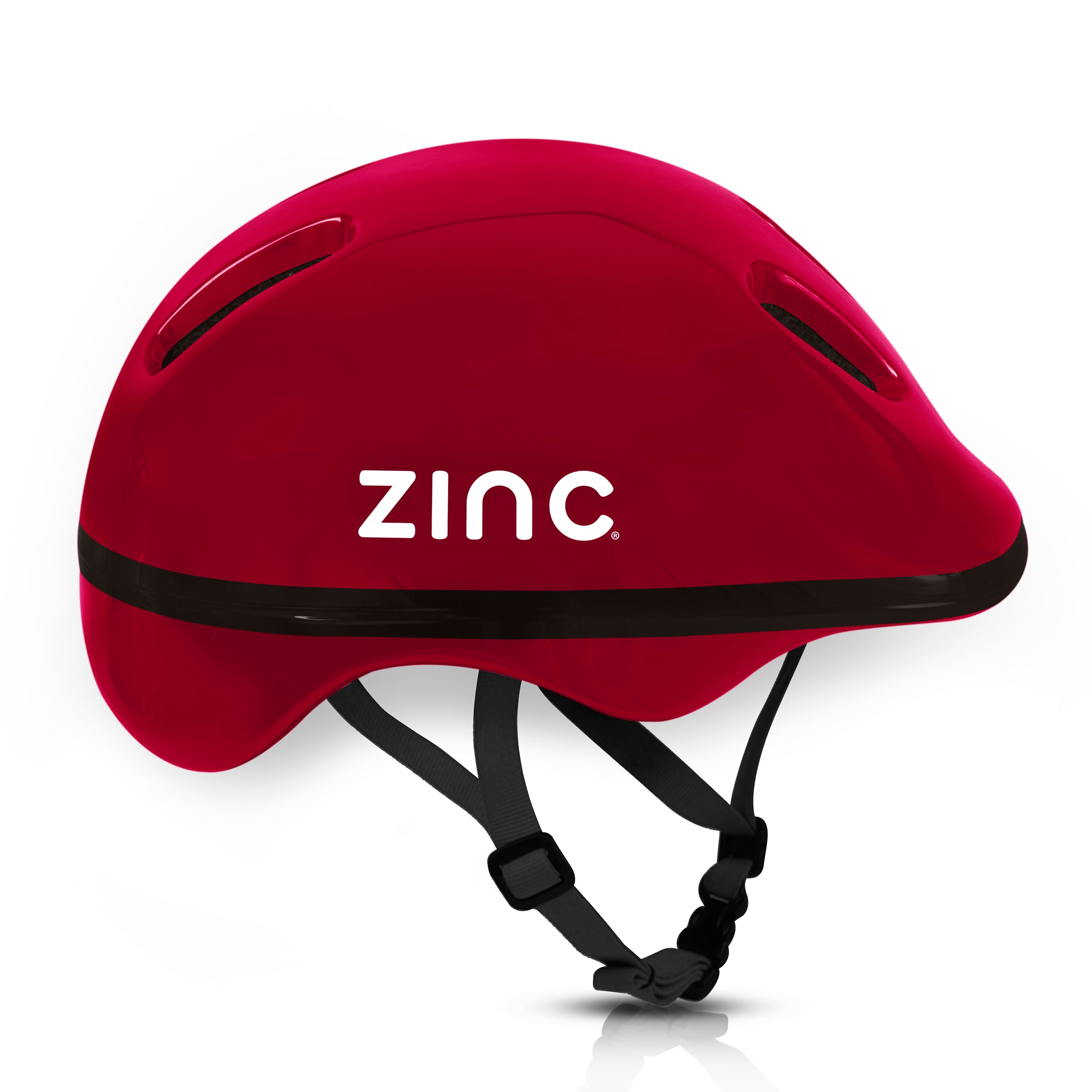 Zinc children's red bike helmet side view showing ventilation holes and adjustable straps for 52-56cm head sizes