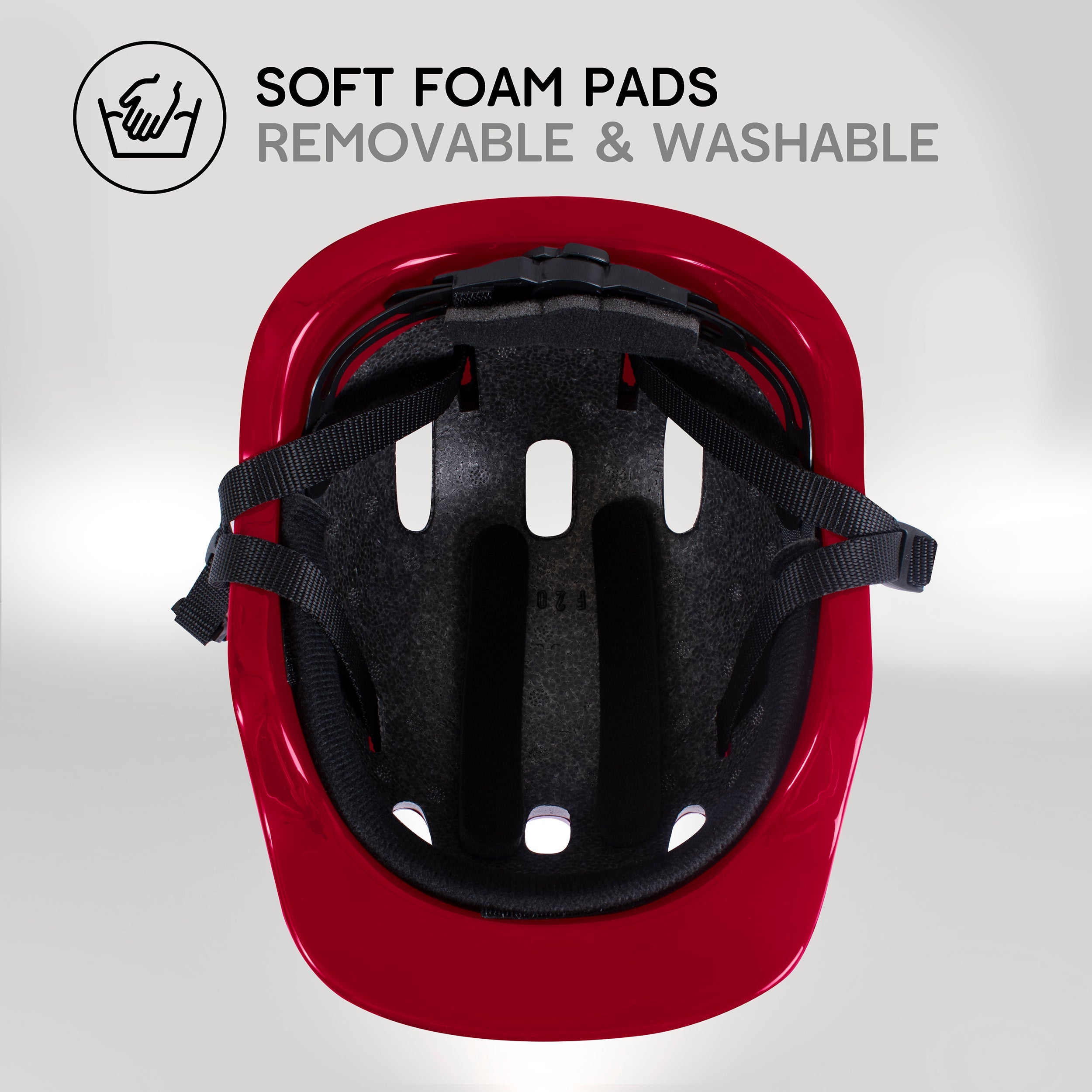Zinc children's red bike helmet interior showing washable padding and comfort fit system