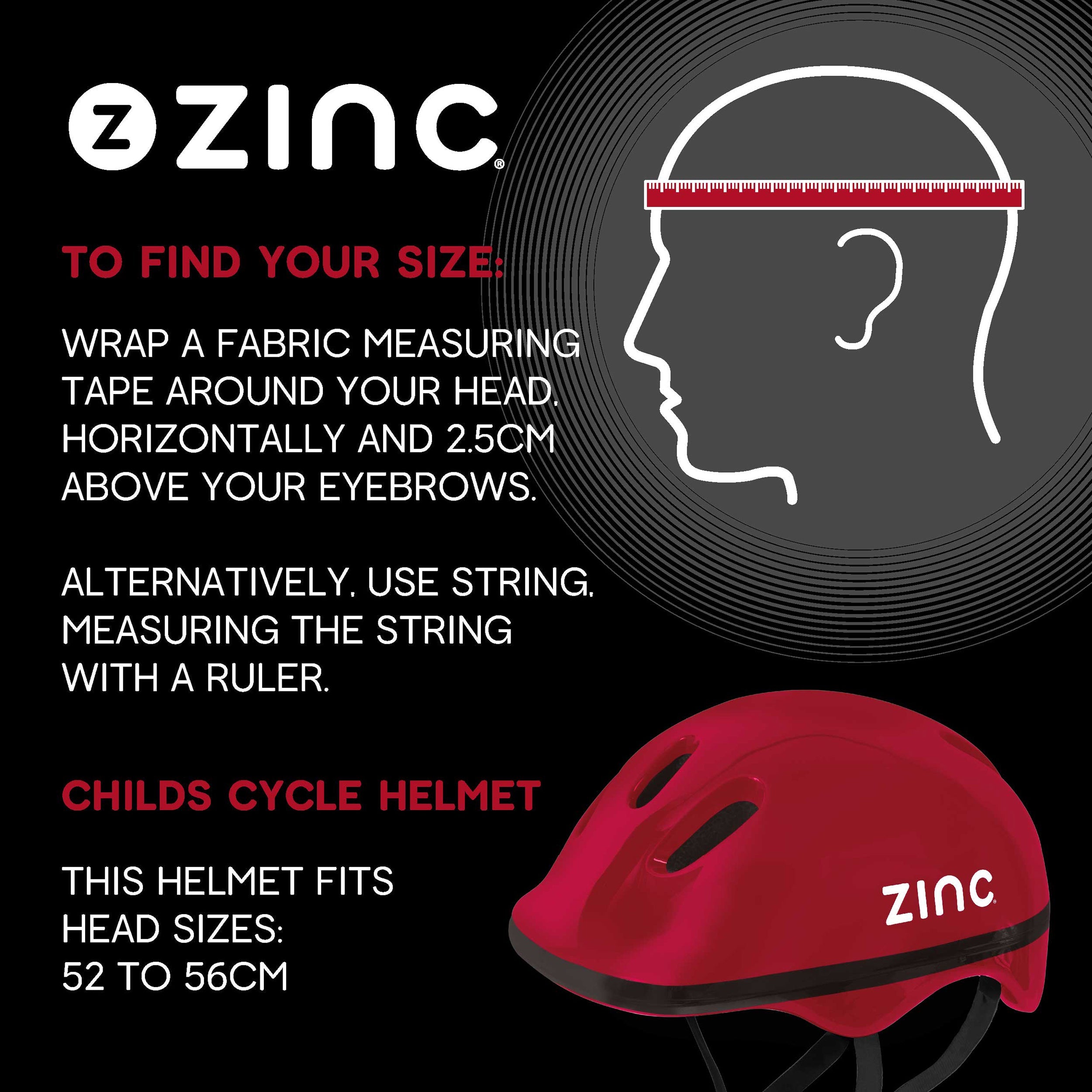 Zinc Measurement guide for fitting Zinc Bike helmet red